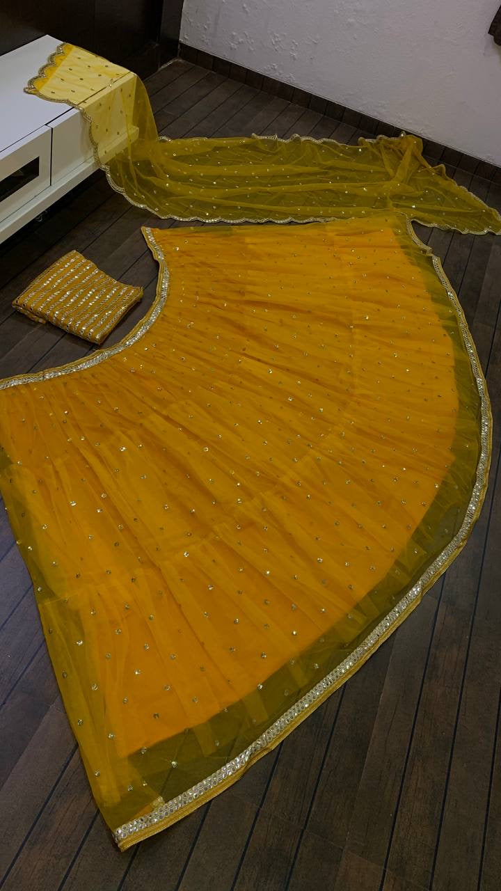 सीक्वेंस और पेपर मिरर वर्क वाला पार्टी वेयर लहंगा चोली