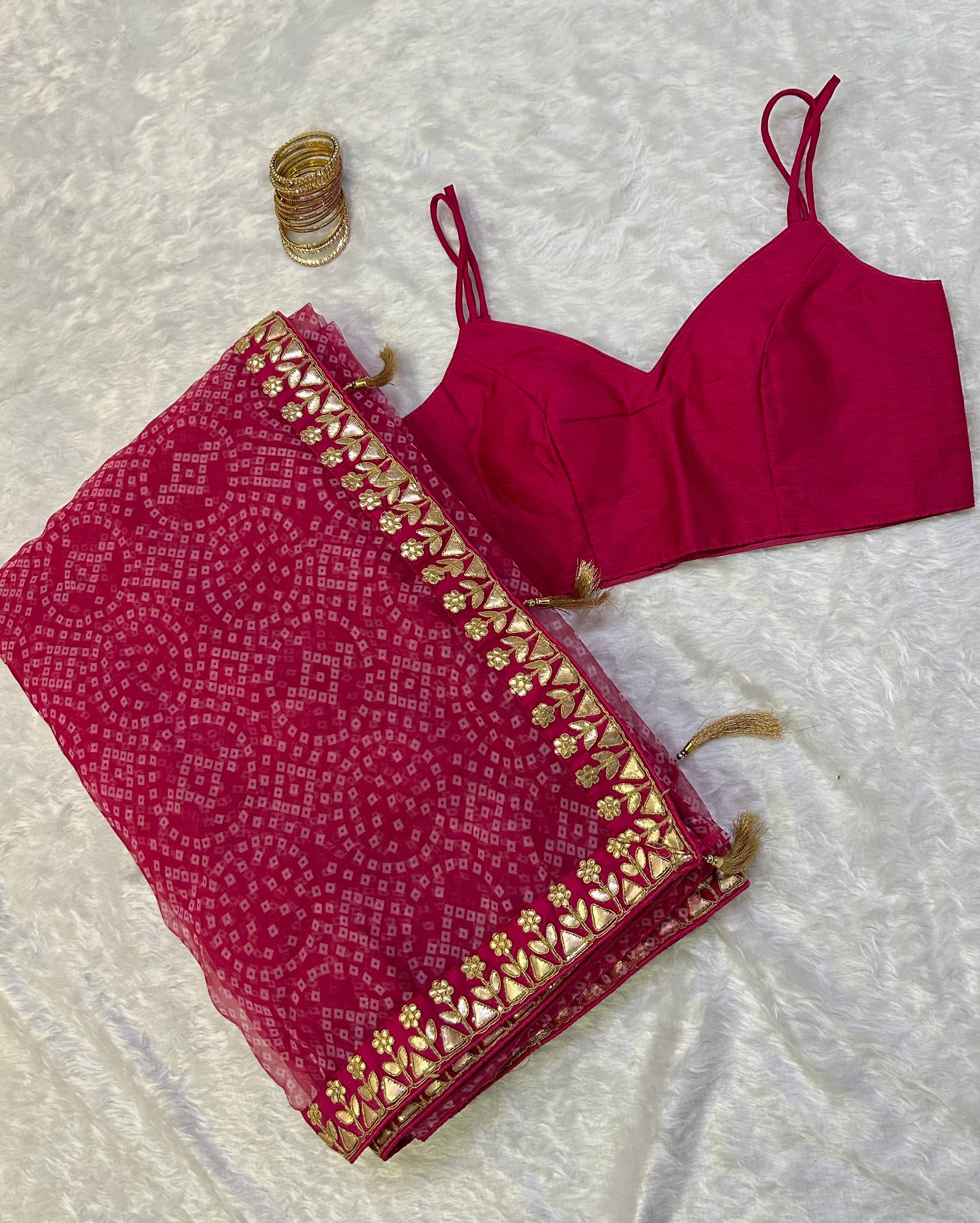 Beautiful Digital Print Organza Saree With Gotapatti & Dori Work