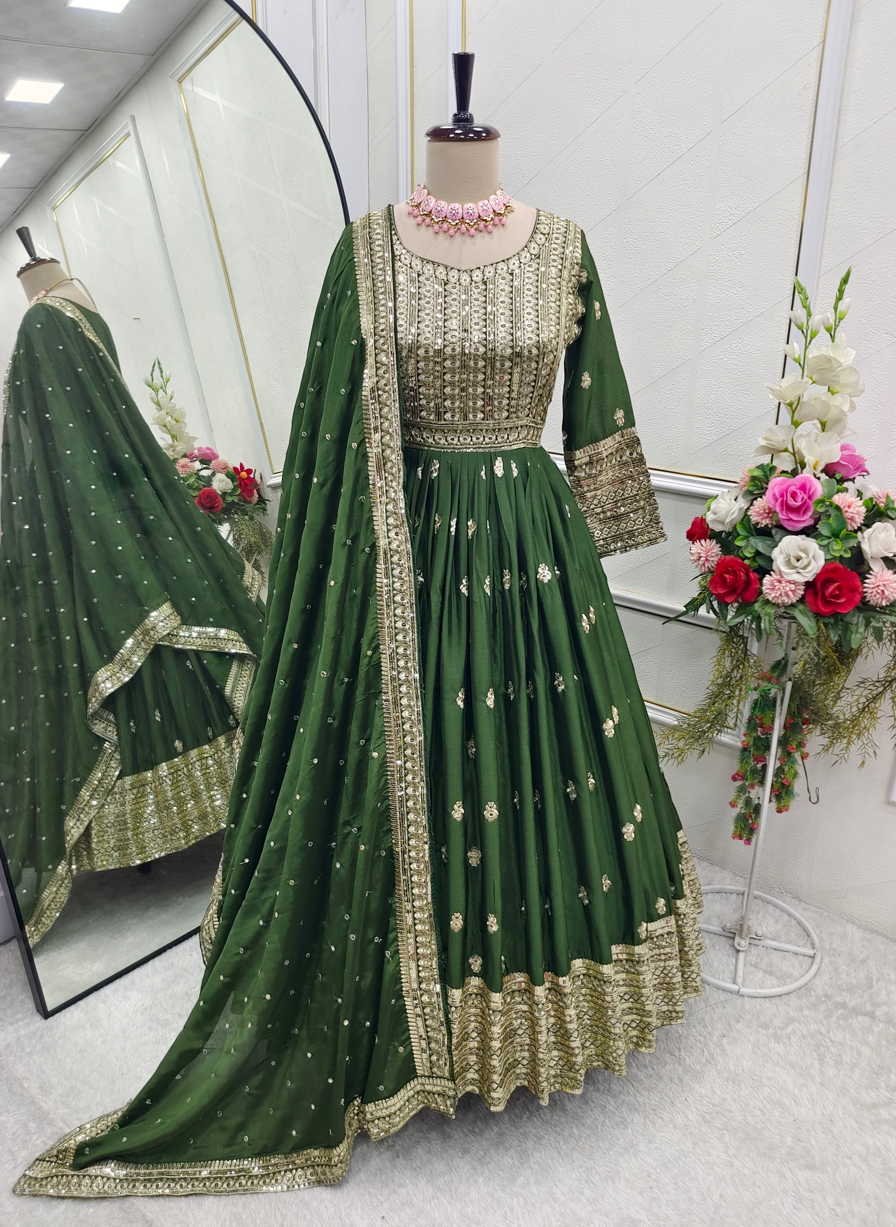 Beautiful Party Wear Gown -Pent And Dupatta With Embroidery Sequence Work