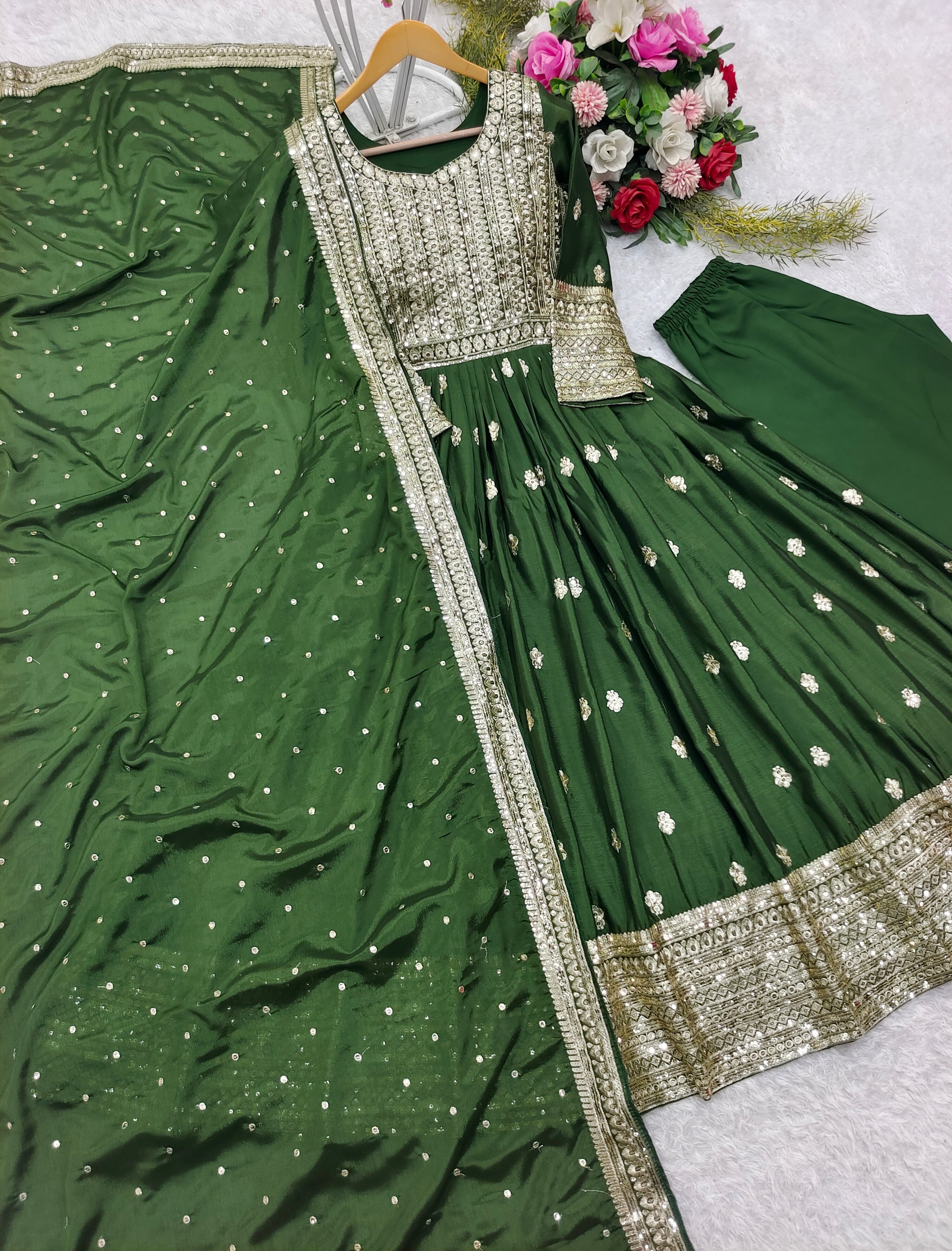 Beautiful Party Wear Gown -Pent And Dupatta With Embroidery Sequence Work