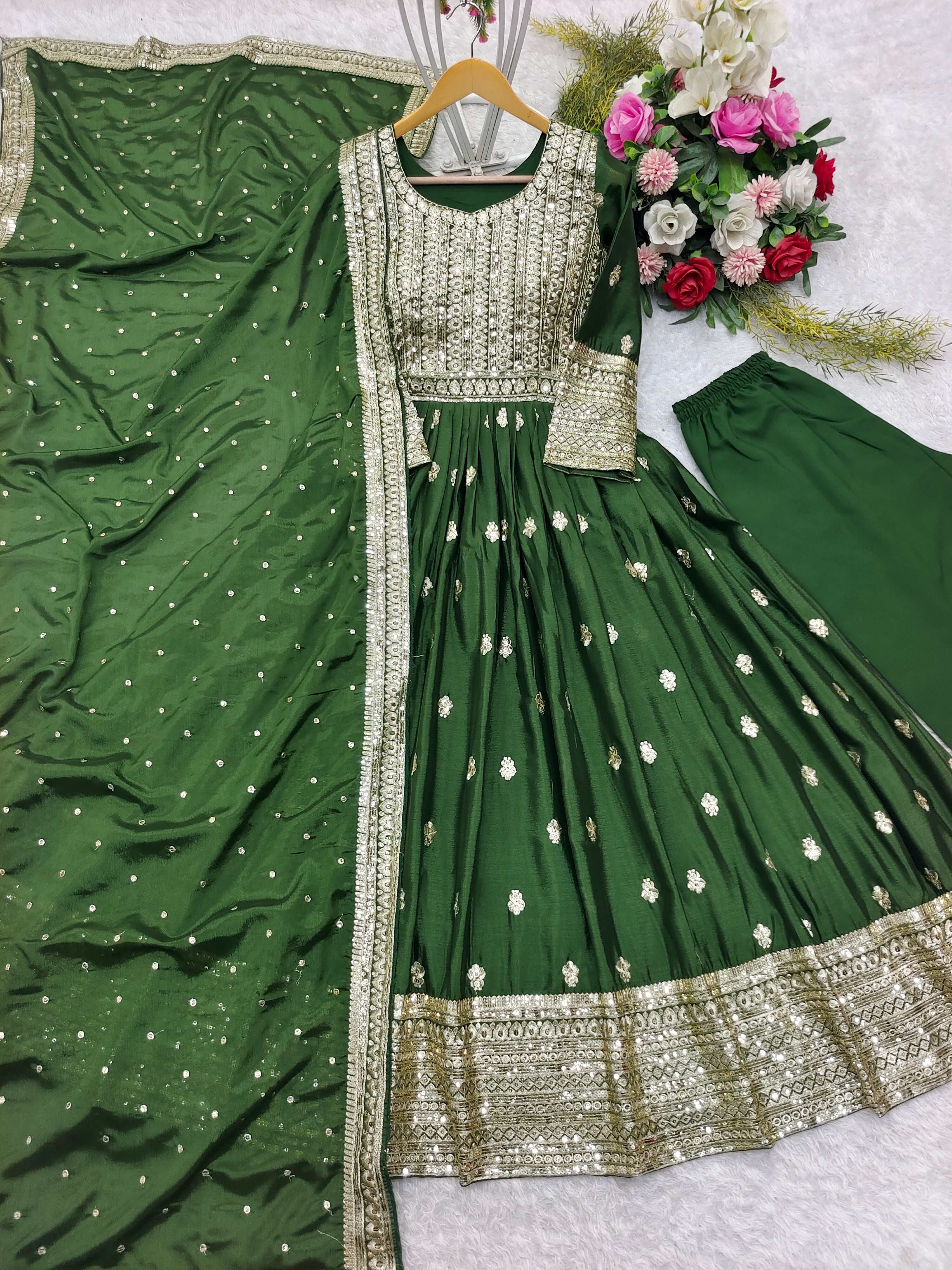 Beautiful Party Wear Gown -Pent And Dupatta With Embroidery Sequence Work