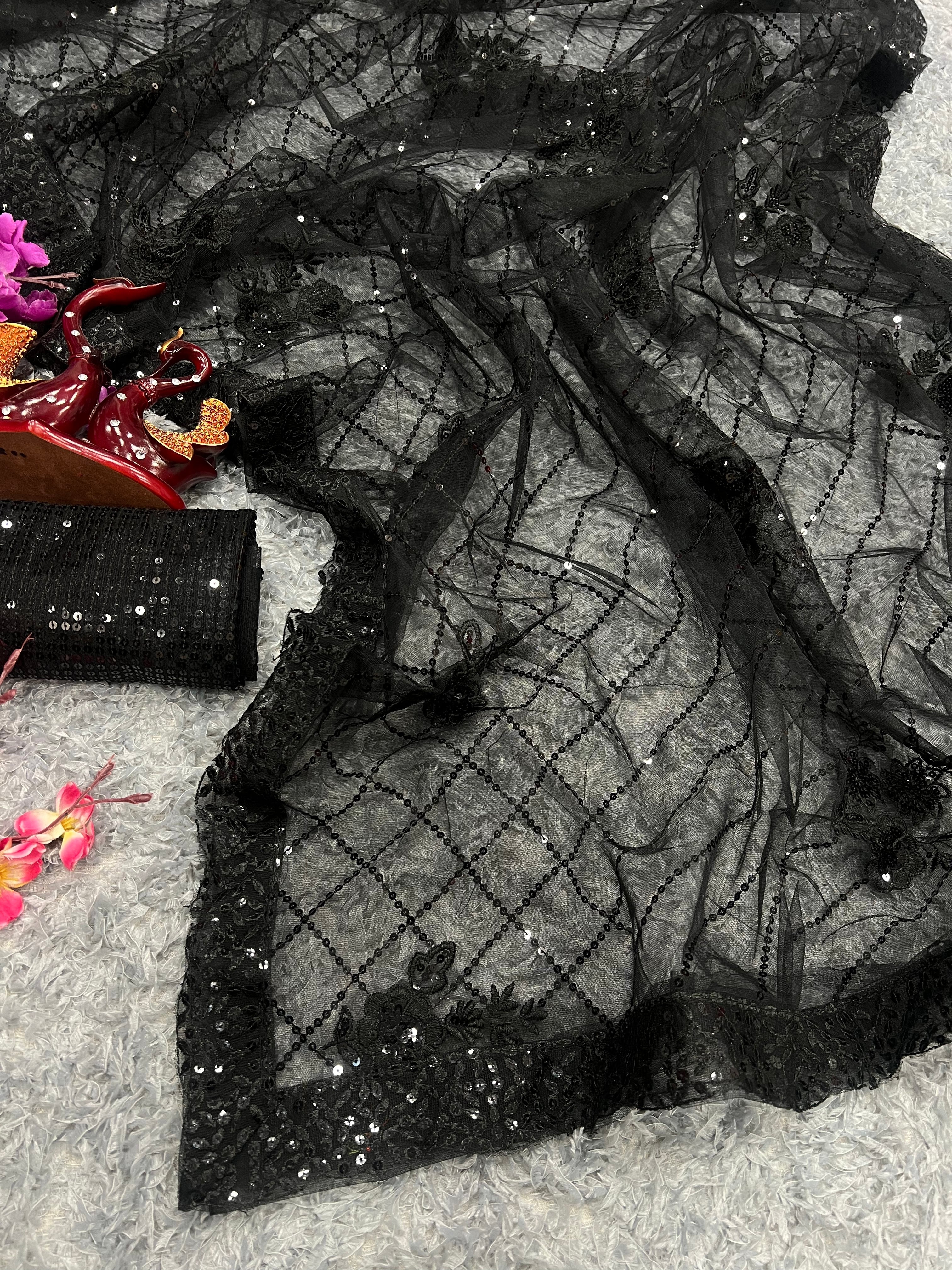 Designer Saree Sequence Embroidery Work With Lace Border