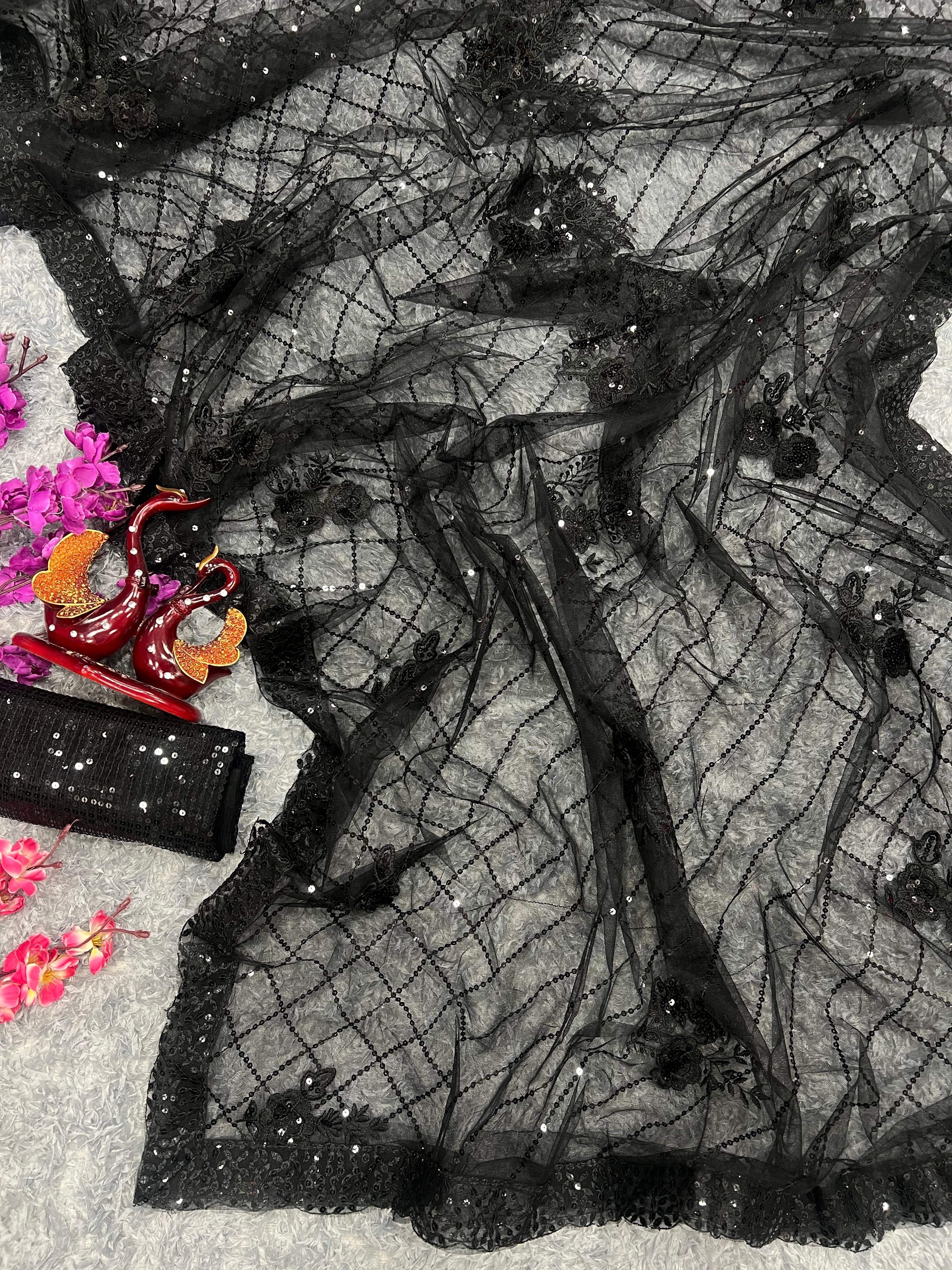 Designer Saree Sequence Embroidery Work With Lace Border