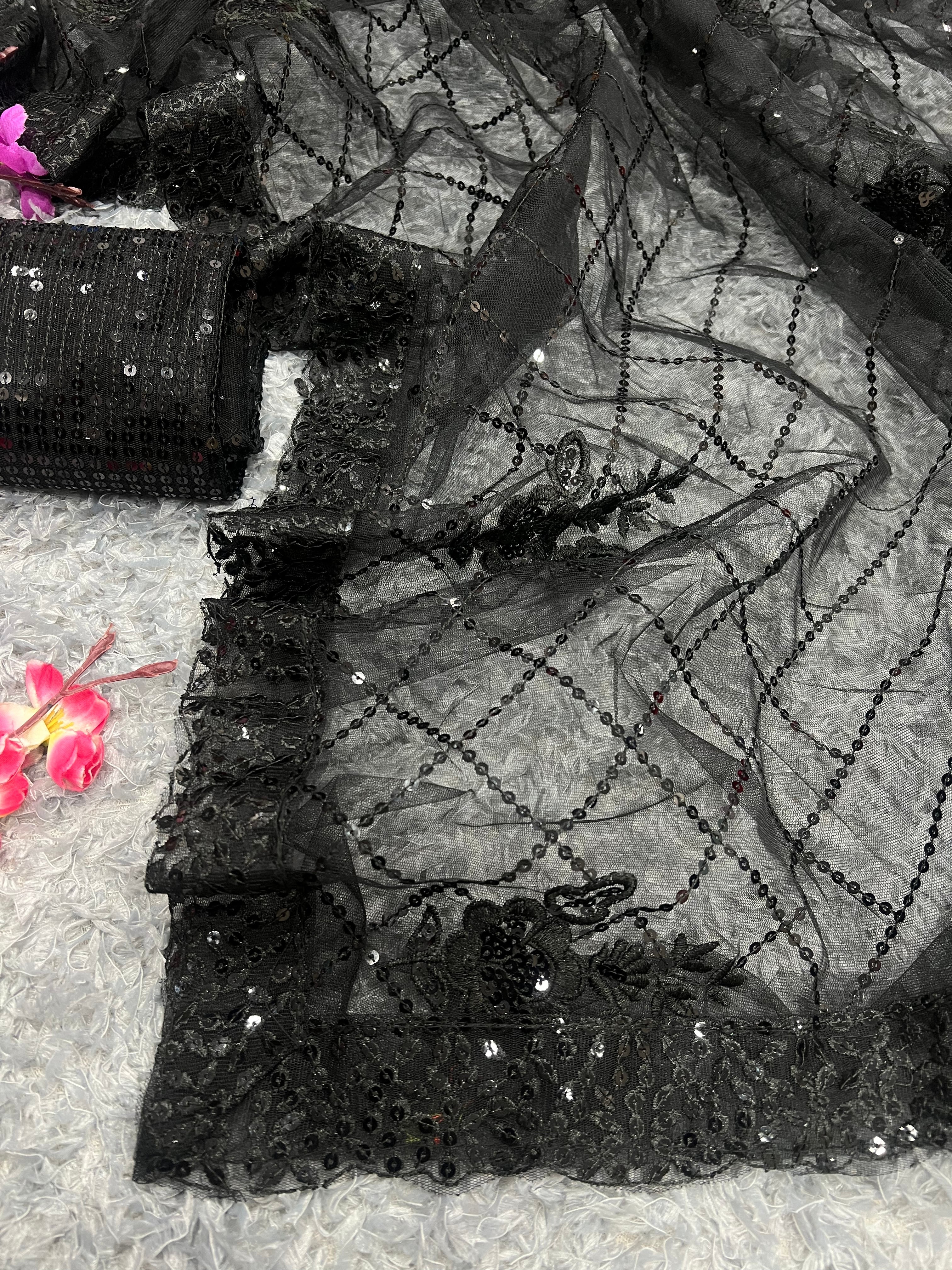 Designer Saree Sequence Embroidery Work With Lace Border