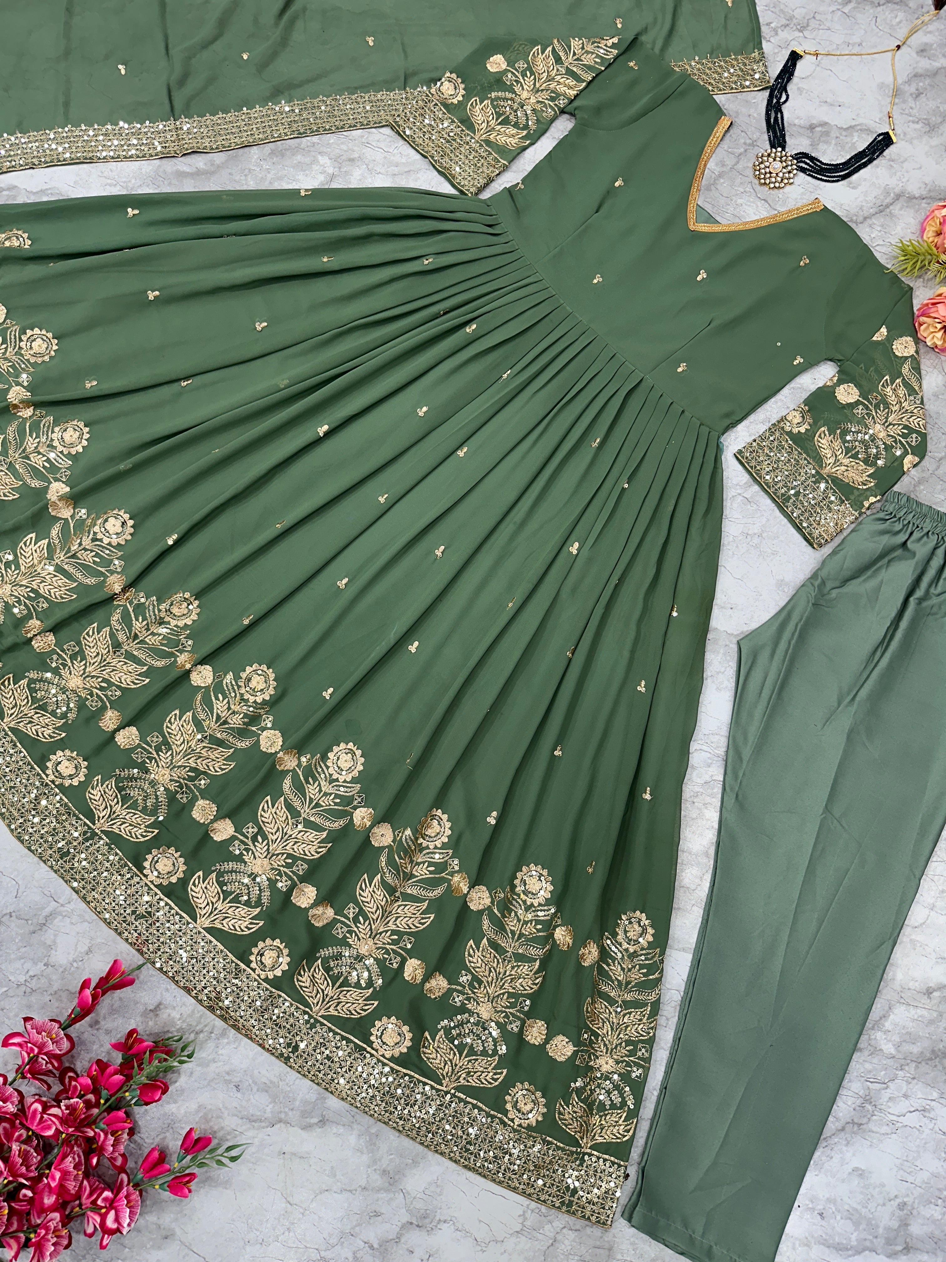 Designer Party Wear Look Anarkali Gown With Pent And Dupatta
