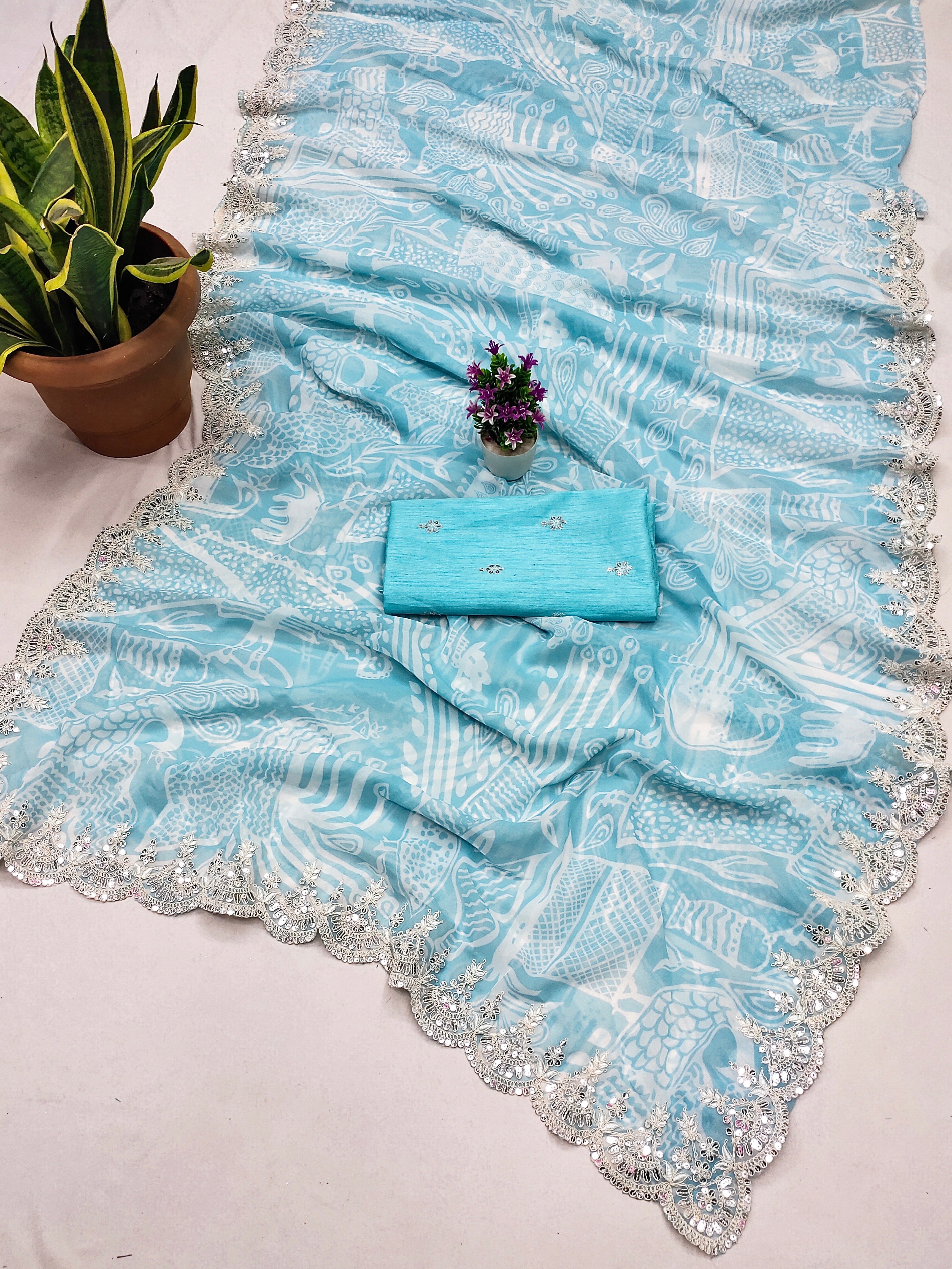 Party Wear Saree With Digital Prints & Embroidery Codding Work