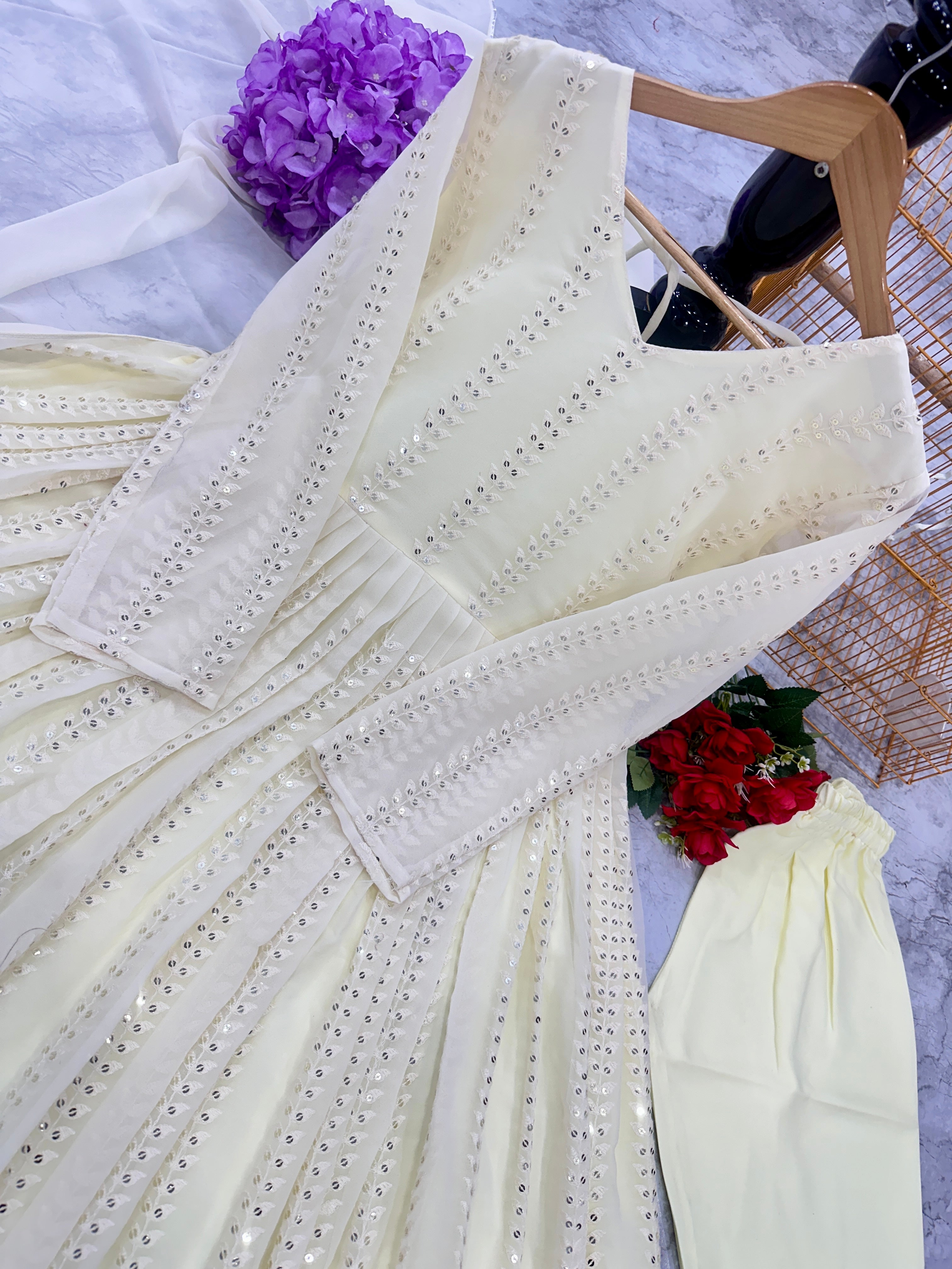 Designer Party Wear Look Chikankari Gown And Pent With Dupatta