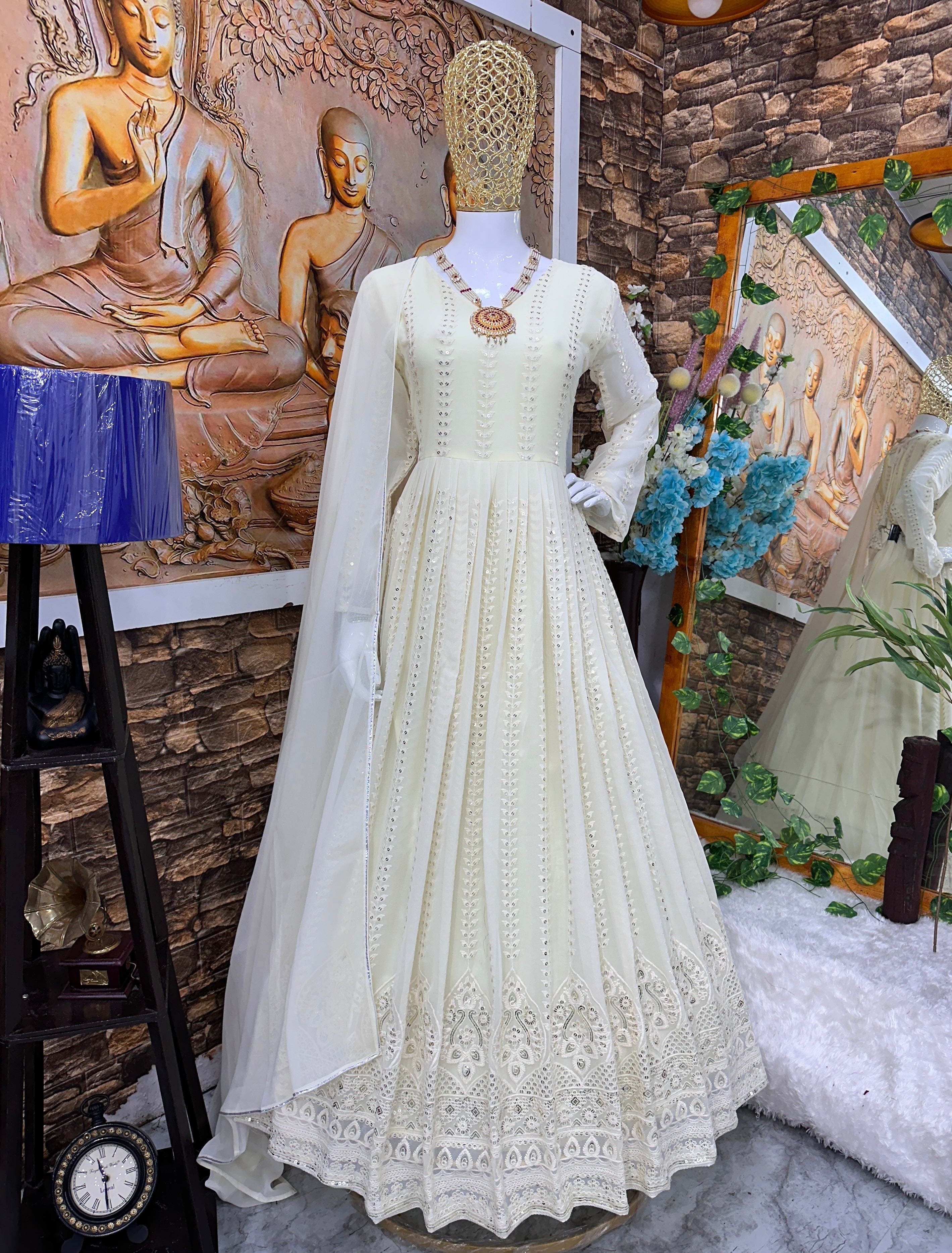 Designer Party Wear Look Chikankari Gown And Pent With Dupatta
