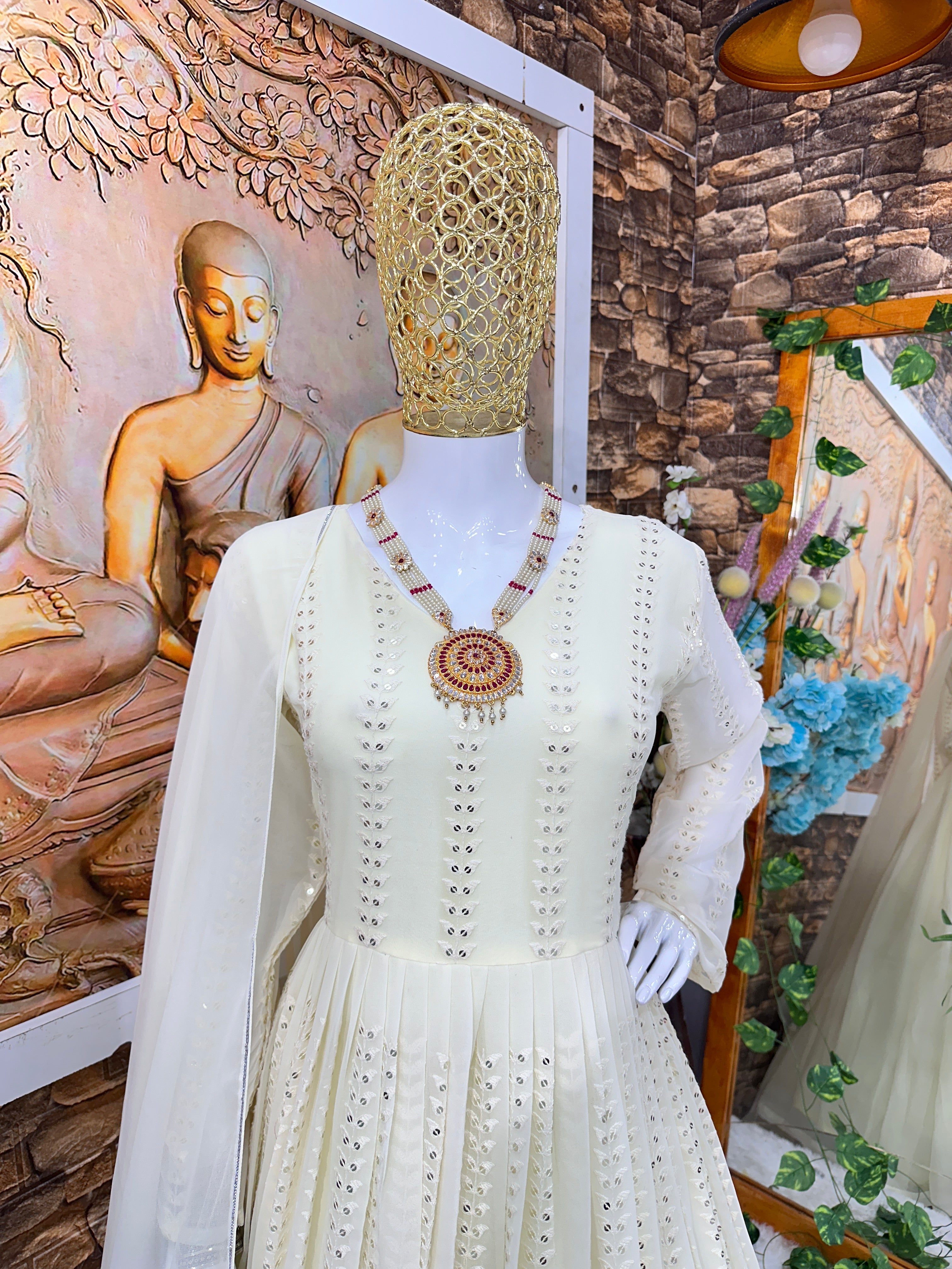 Designer Party Wear Look Chikankari Gown And Pent With Dupatta