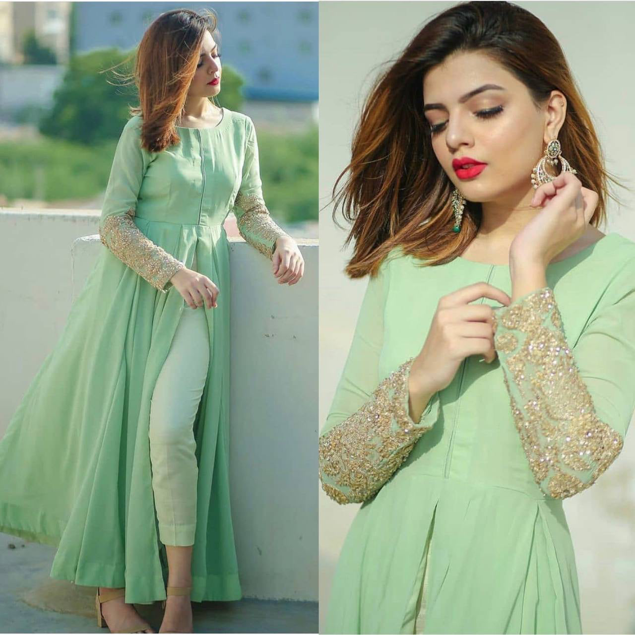 Beautiful Party Wear Gown And Bottom With Dori Work