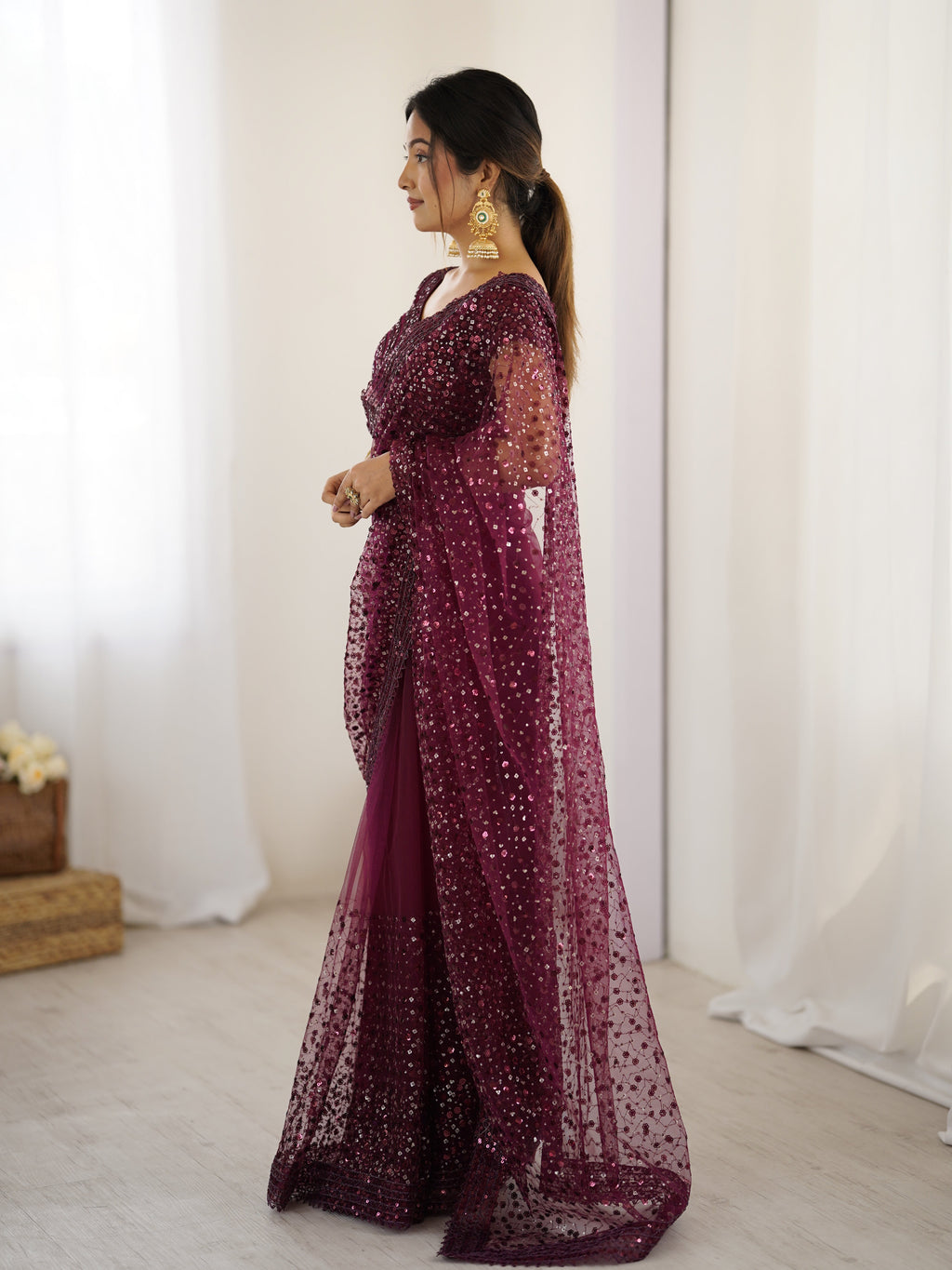 Party Wear Look Designer Saree With Sequins & Dori Work