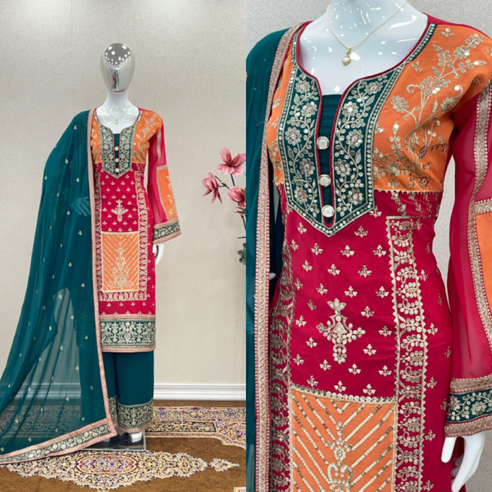 Designer Party Wear Look Top Plazzo & Dupatta Set