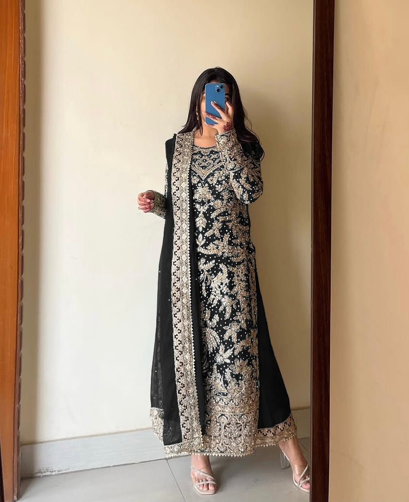 Beautiful Georgette Top-Plazzo And Dupatta With Diamond Handwork