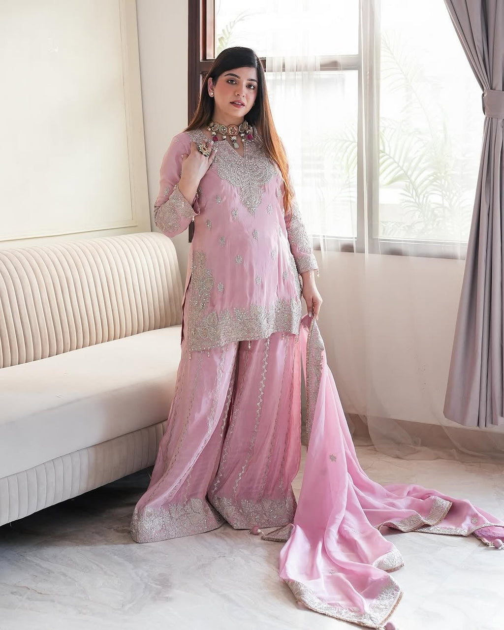 Beautiful Top-Gharara And Dupatta With Heavy Embroidery Sequence Work