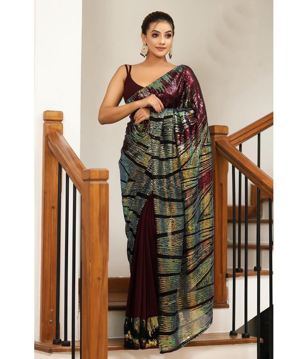Designer Sequins Saree Rainbow Sequins Embroidery Work