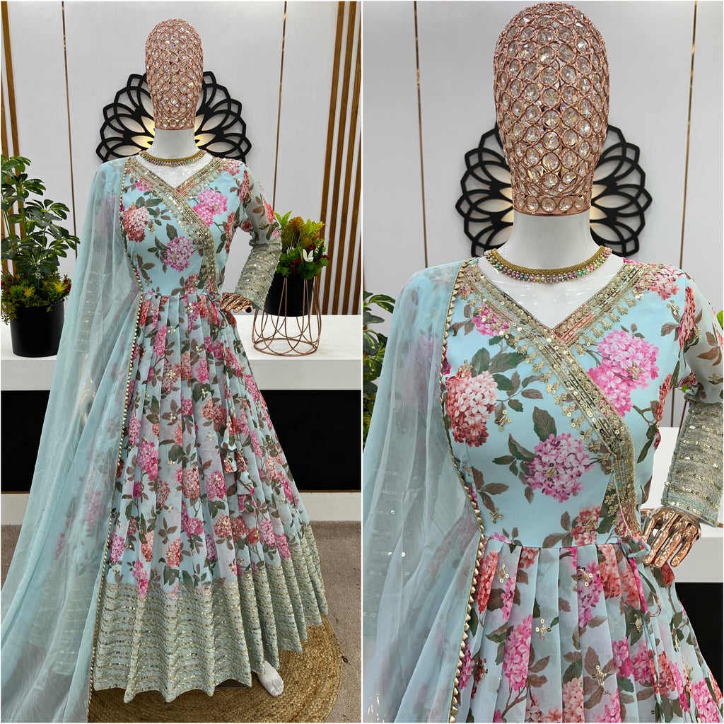 Designer Party Wear Look Gown, Bottom And Dupatta
