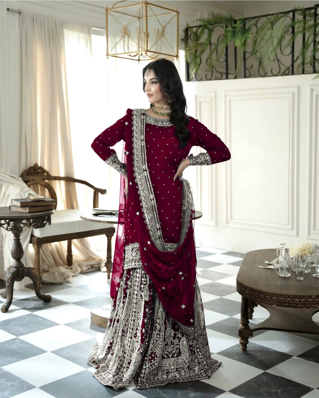 Fancy Top-Gharara And Dupatta With Heavy Embroidery Sequence Work