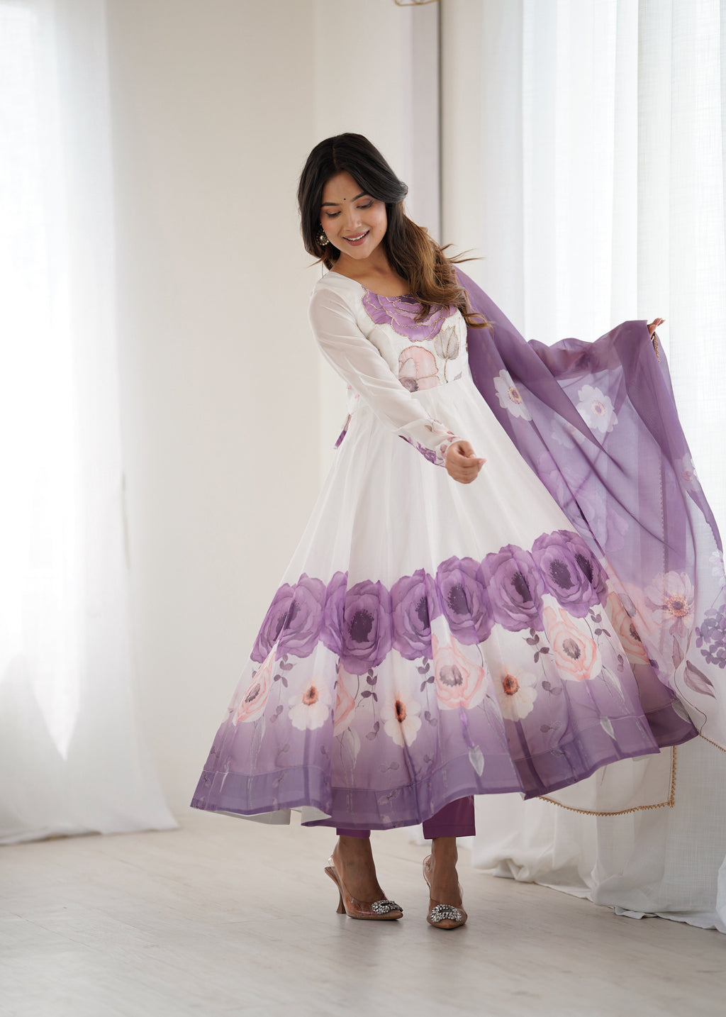Party Wear Look Organza Anarkali Gown With Floral Print