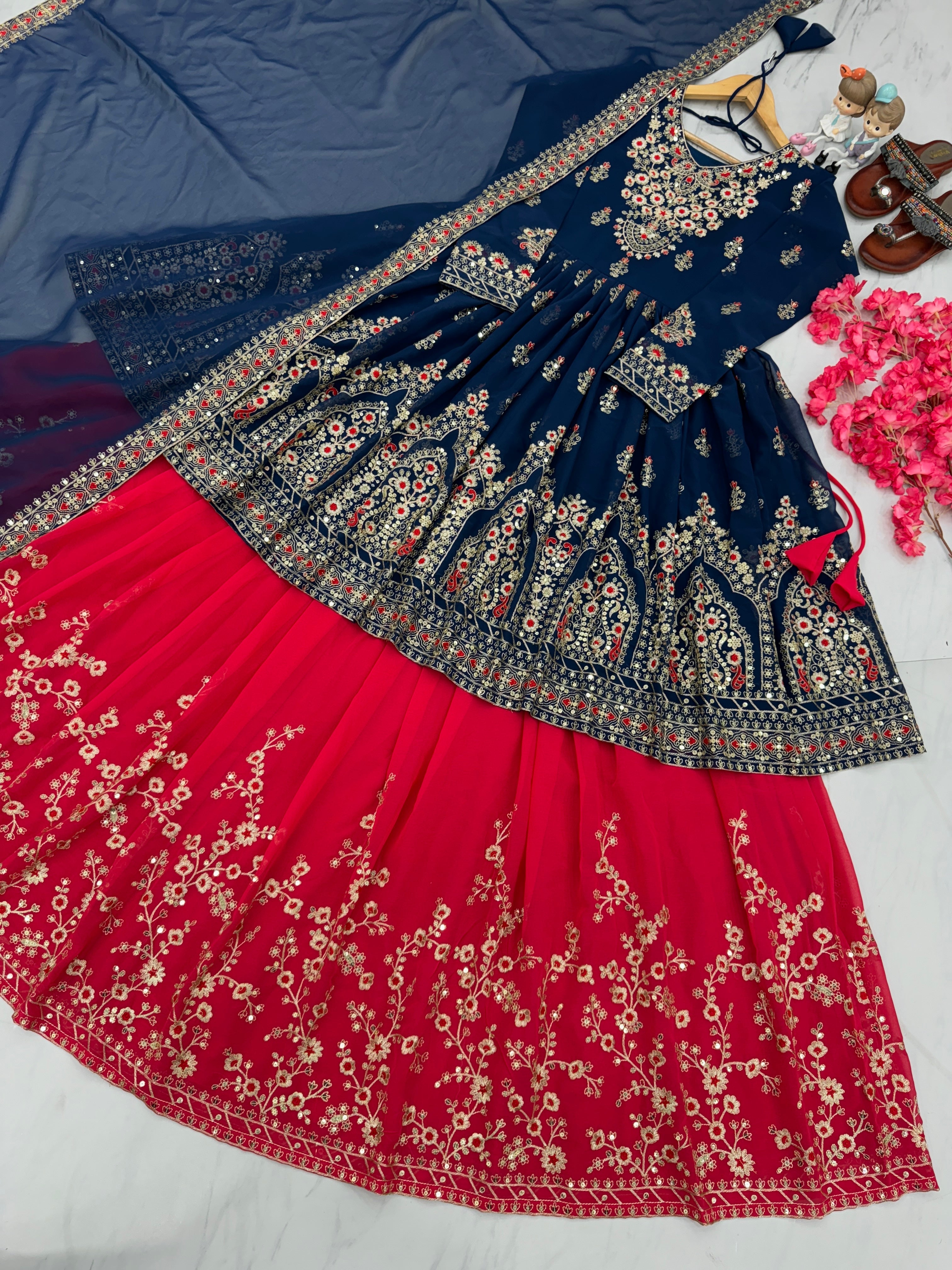 Beautiful Party Wear Look Heavy Faux Georgette Top Lehenga & Dupatta Set