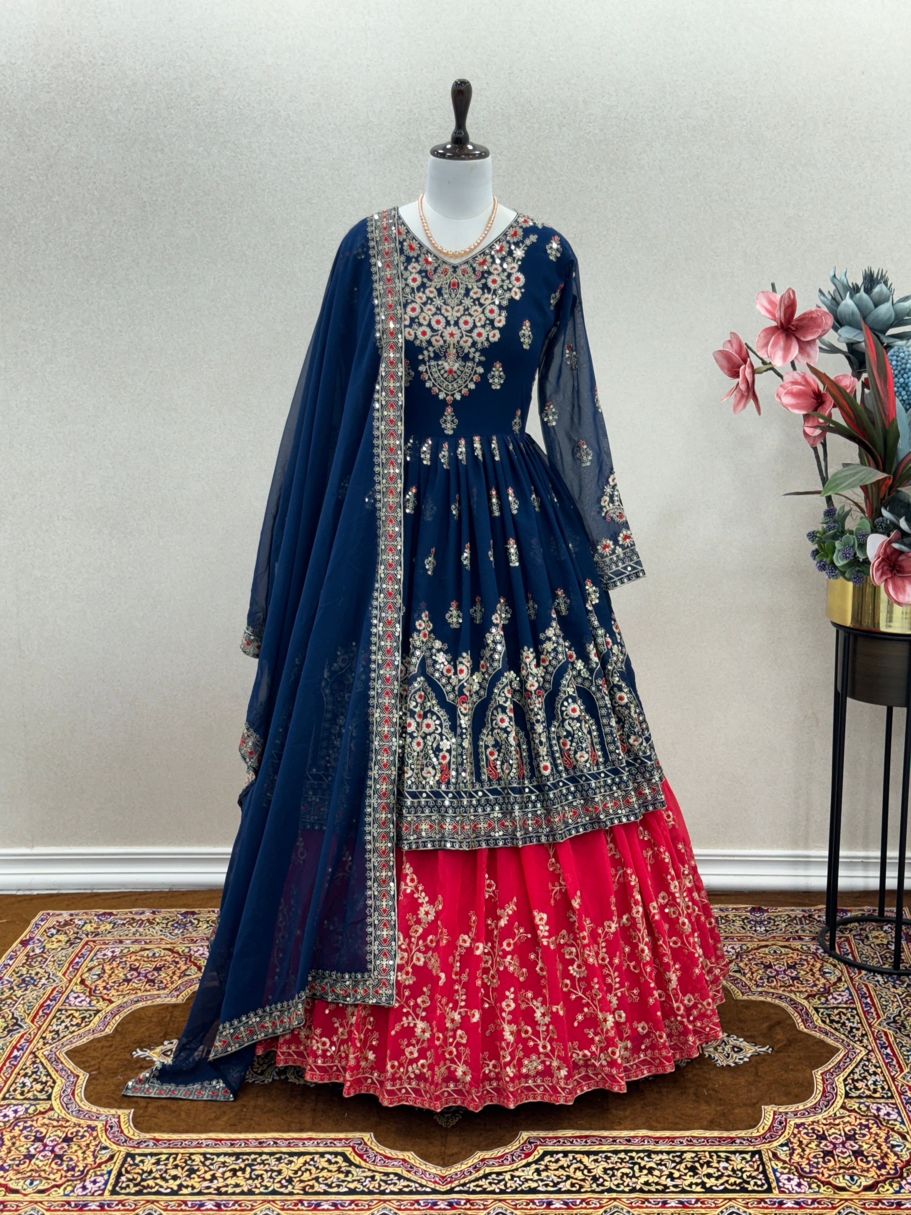 Beautiful Party Wear Look Heavy Faux Georgette Top Lehenga & Dupatta Set