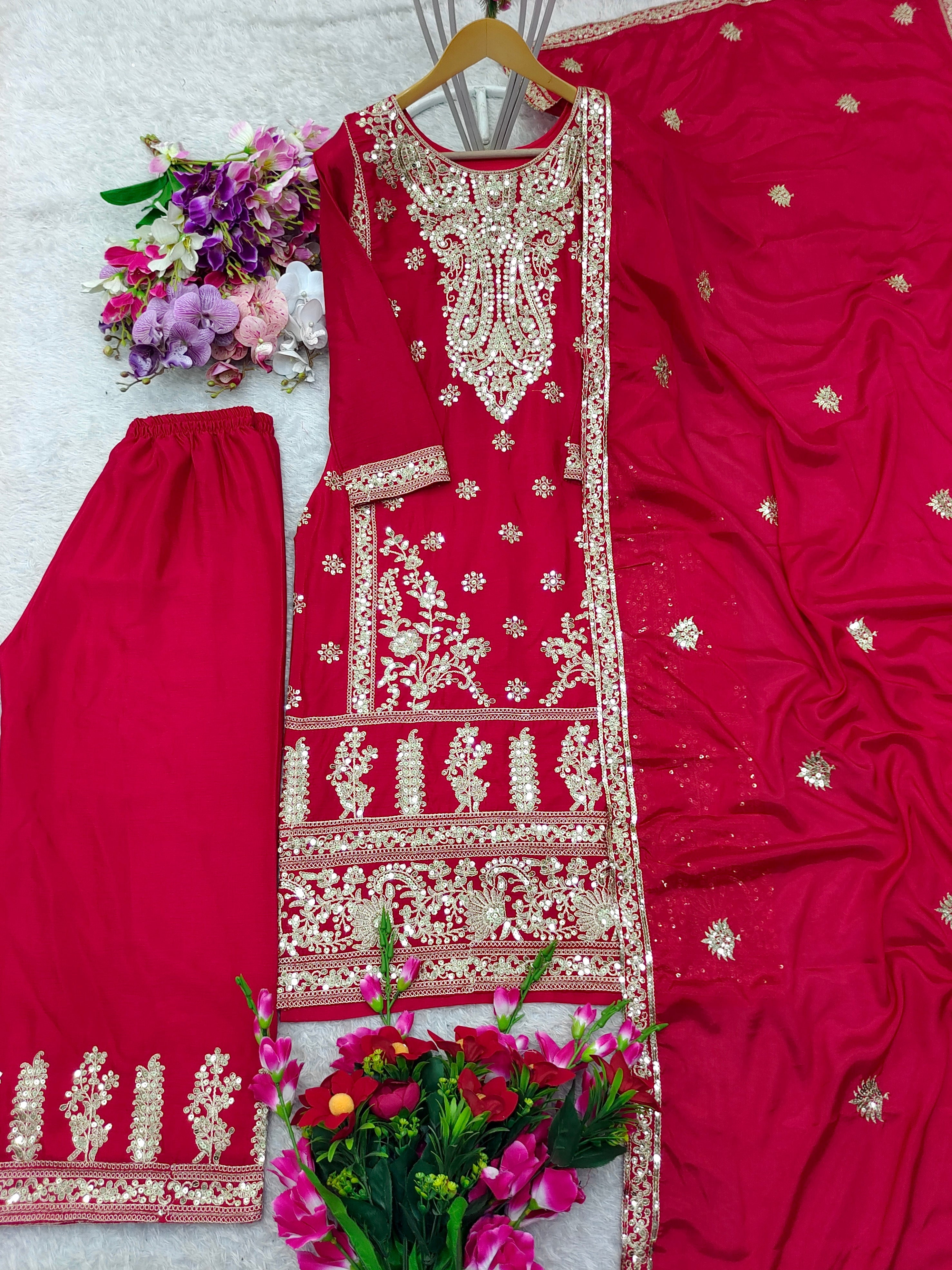 पार्टी वेयर टॉप-सरारा और दुपट्टा, सीक्वेंस वर्क के साथ