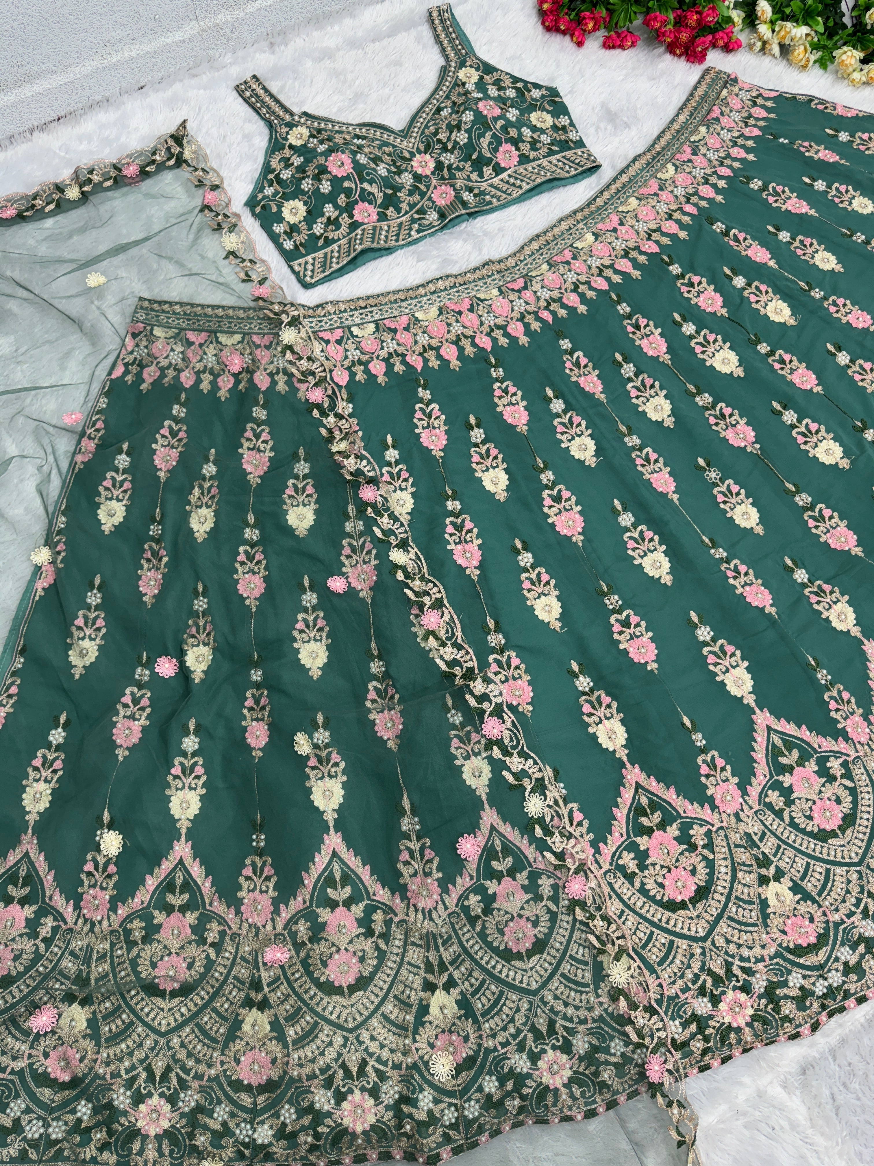 Beautiful Party Wear Lehenga Choli With Moti Hand Work