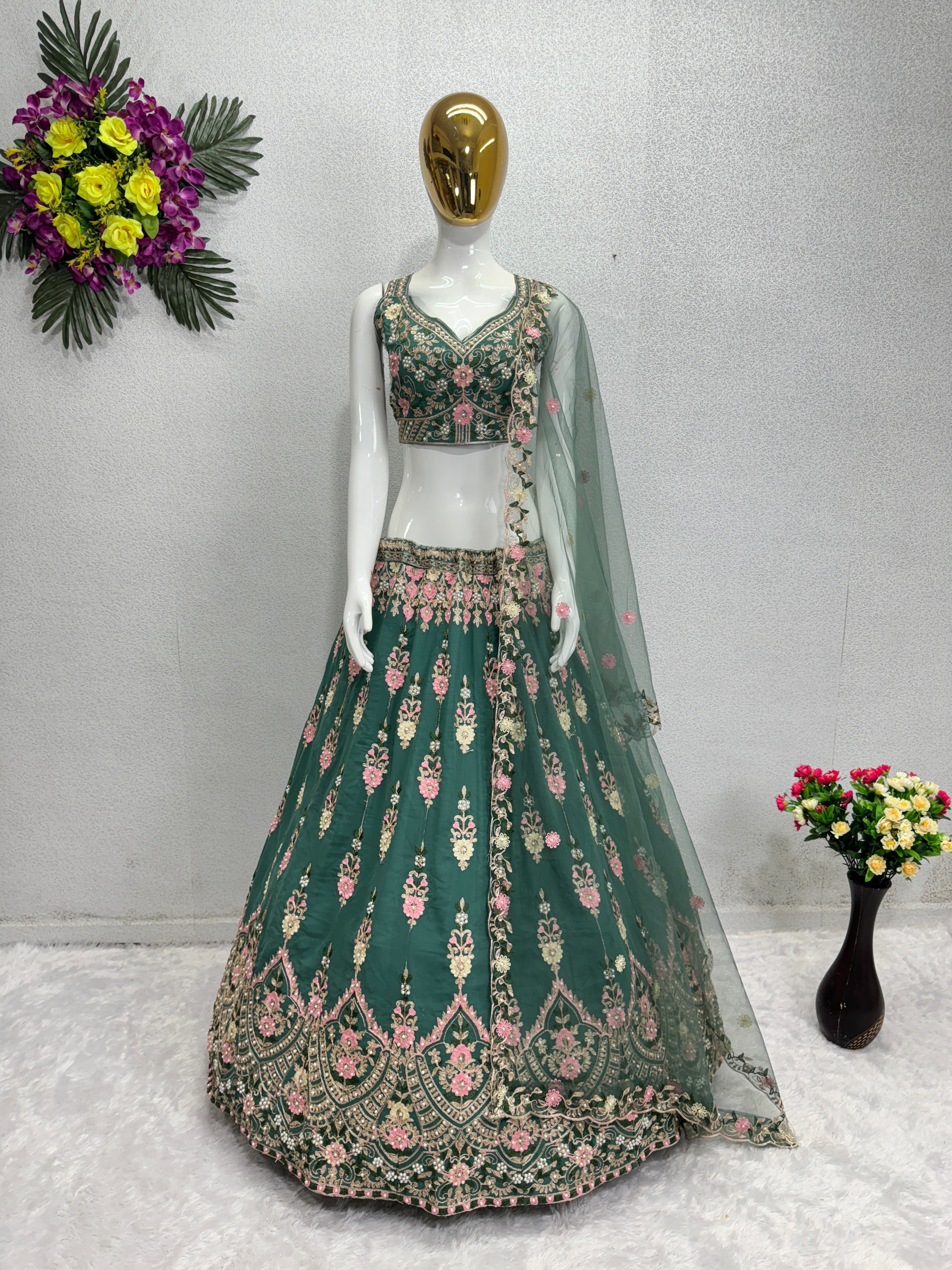 Beautiful Party Wear Lehenga Choli With Moti Hand Work