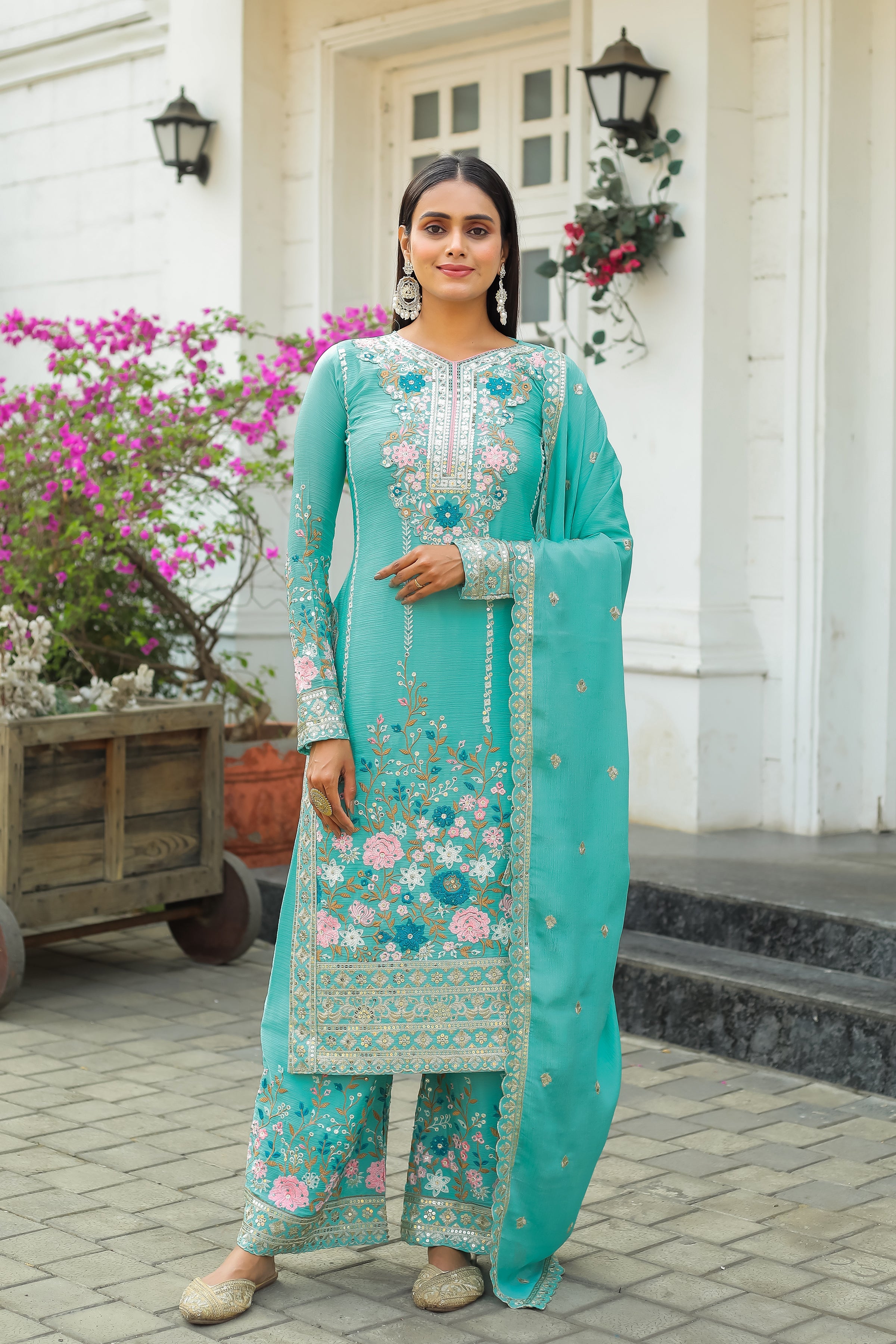Designer Party Wear Look Pure Chinon Silk Top Plazzo & Dupatta Set