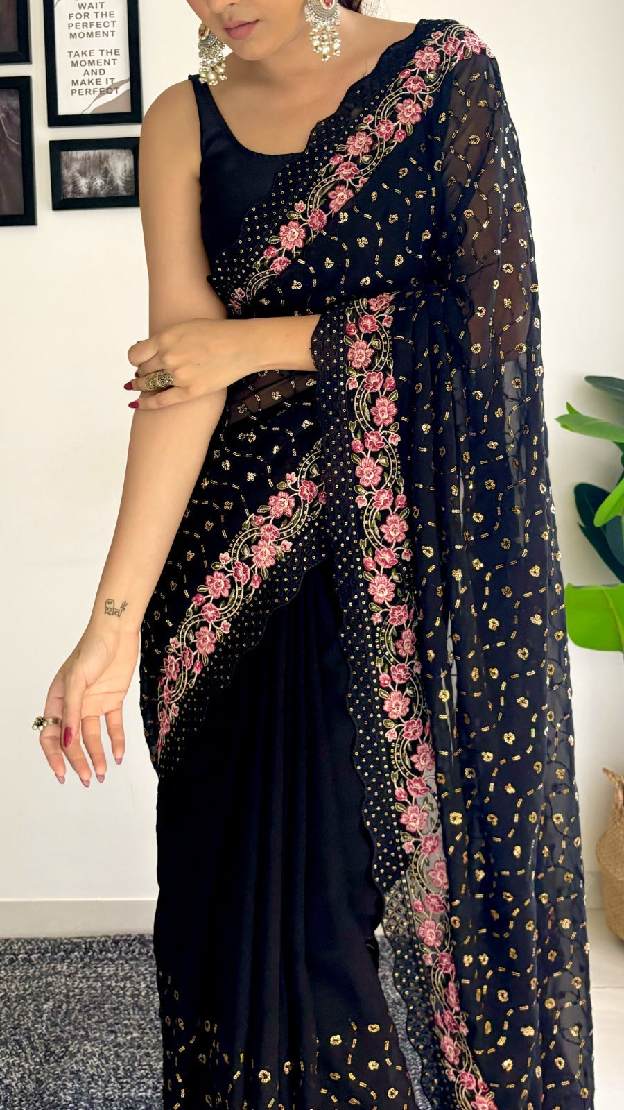 Designer Saree With Sequins And Multi Embroidery Work
