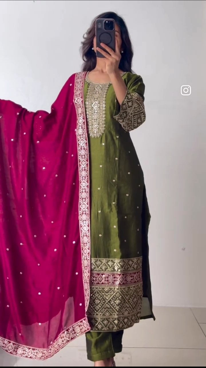 पार्टी वेयर टॉप-पैंट और दुपट्टा, कढ़ाई और सीक्वेंस वर्क के साथ