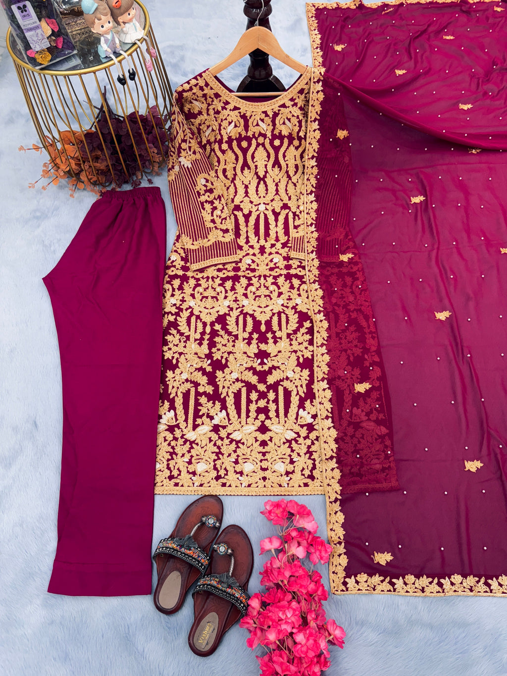 Designer Party Wear Look Heavy Faux Georgette Top Bottom & Dupatta Set