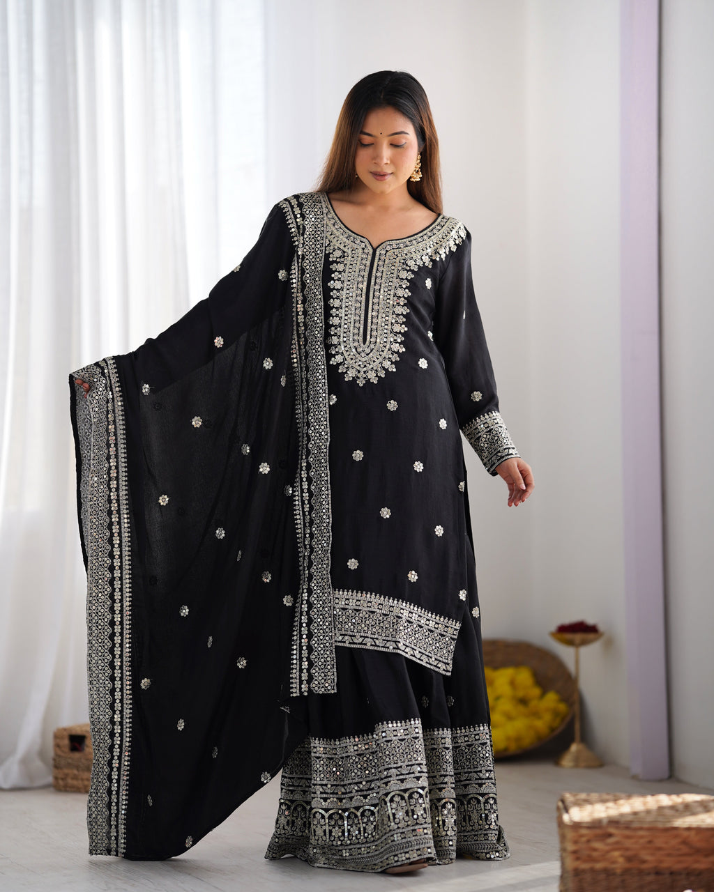 Beautiful Top-Plazo And Dupatta With Heavy Embroidery Sequence Work