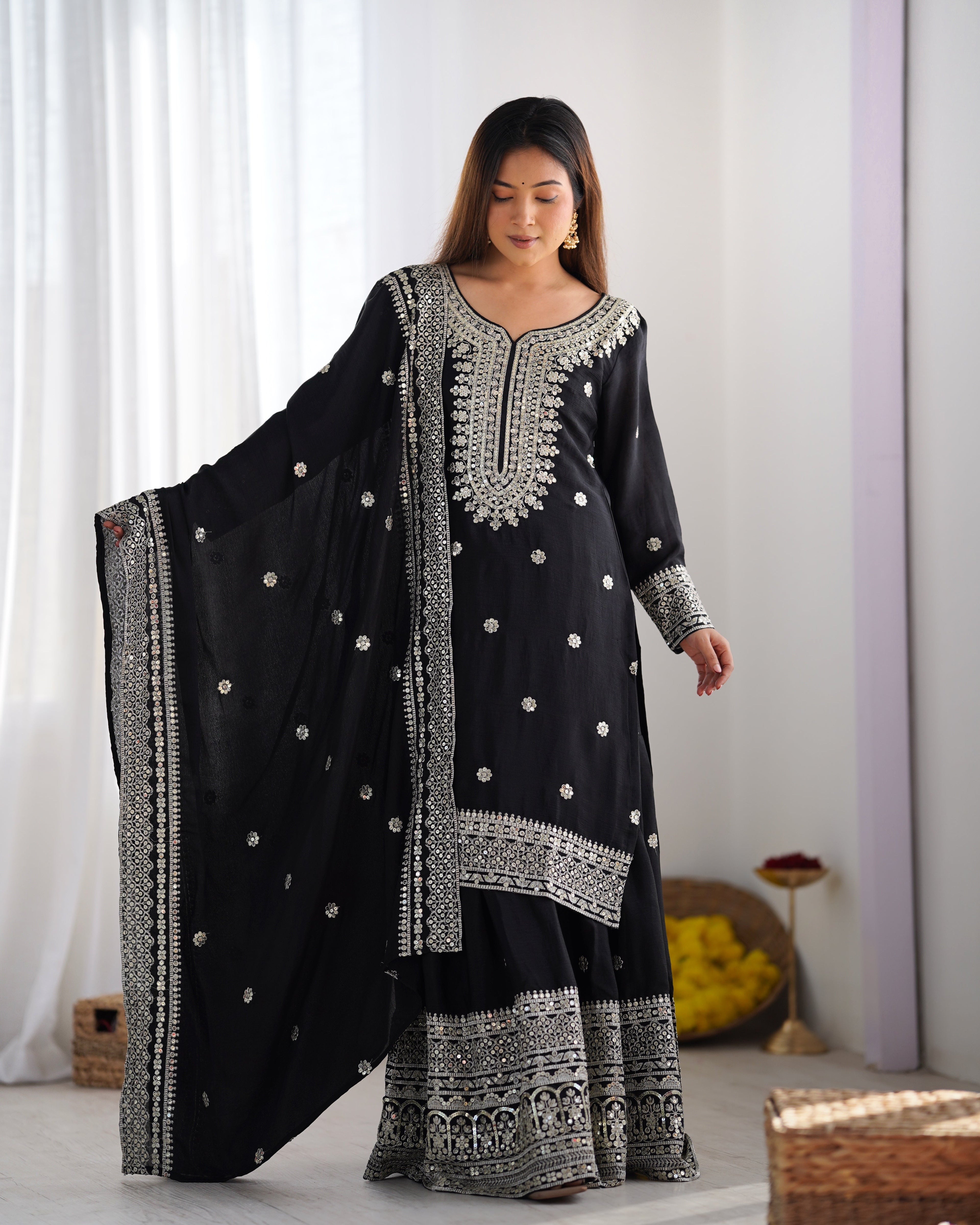 Beautiful Top-Plazo And Dupatta With Heavy Embroidery Sequence Work