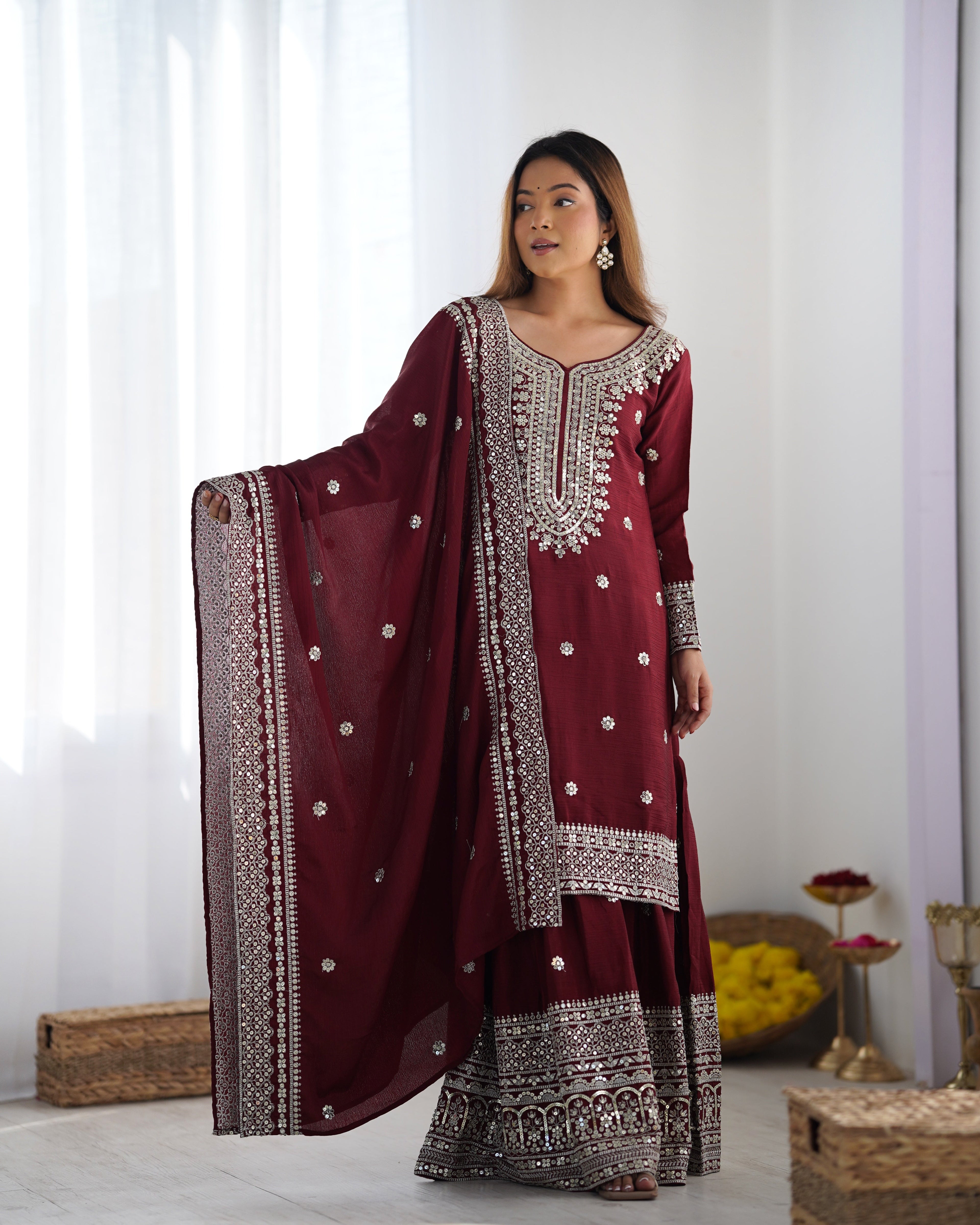 Beautiful Top-Plazo And Dupatta With Heavy Embroidery Sequence Work