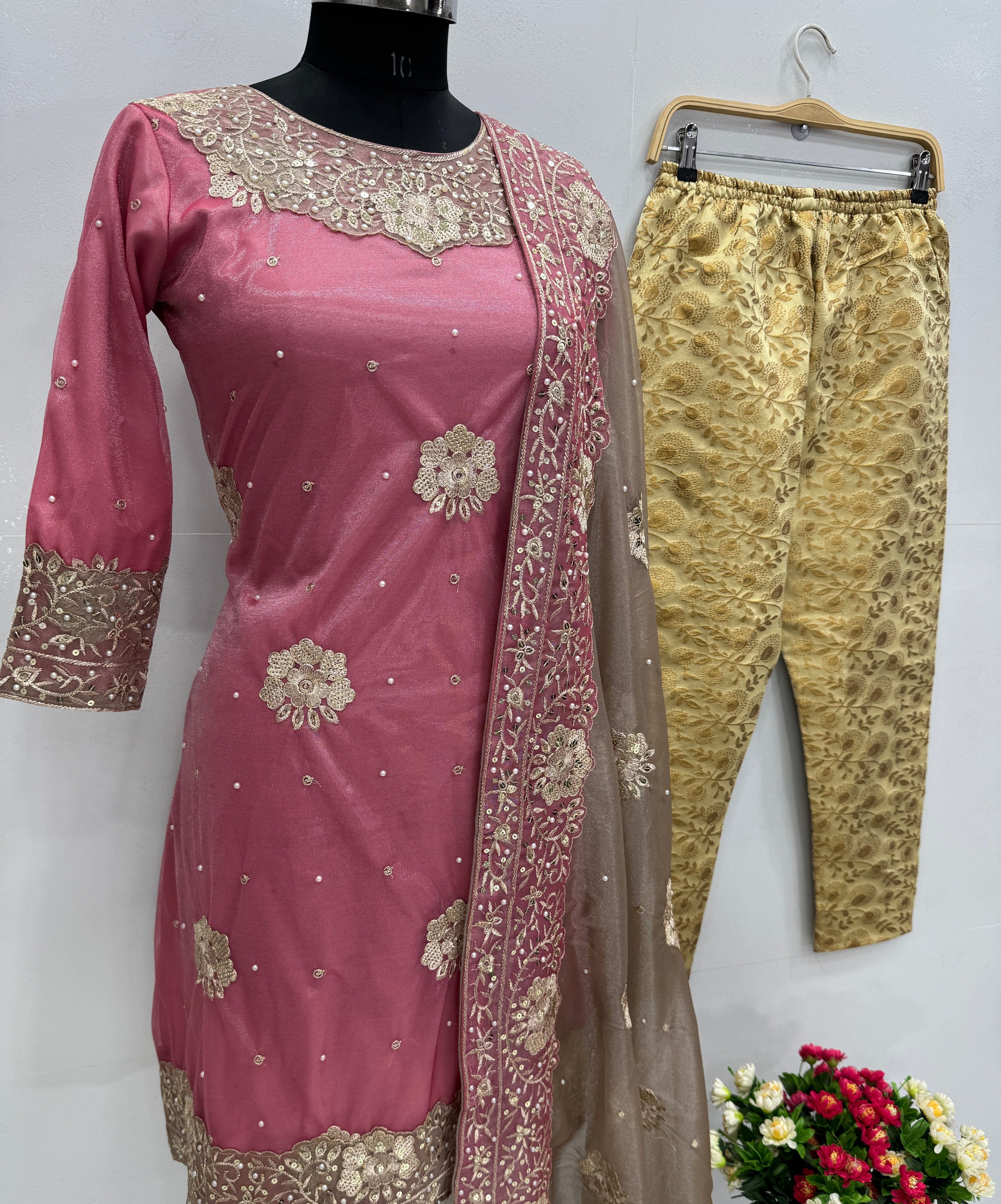 Designer Party Wear Gown Pent And Dupatta With Pearl Hand Work