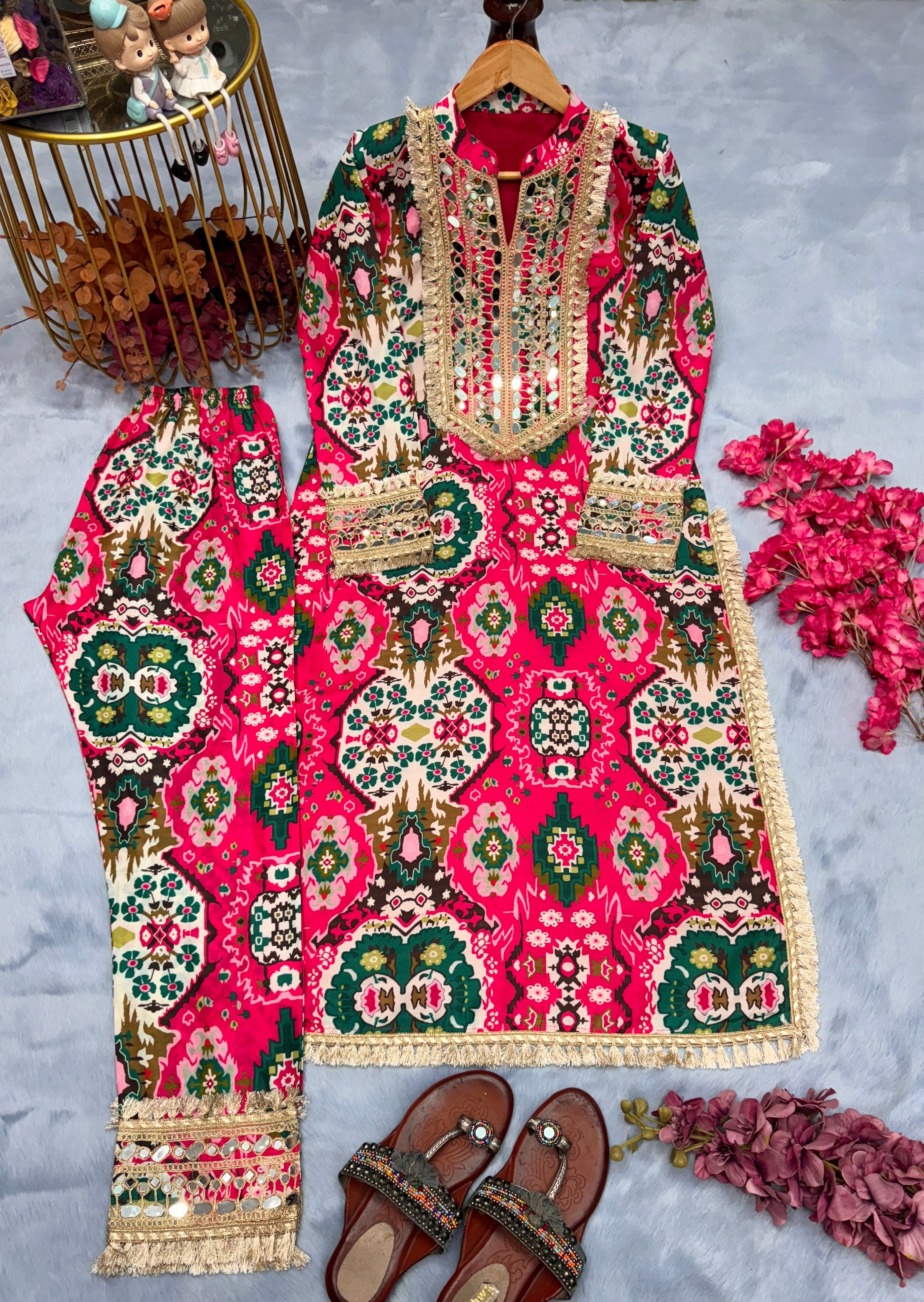 Party Wear Look Maslin Printed Top & Bottom Set