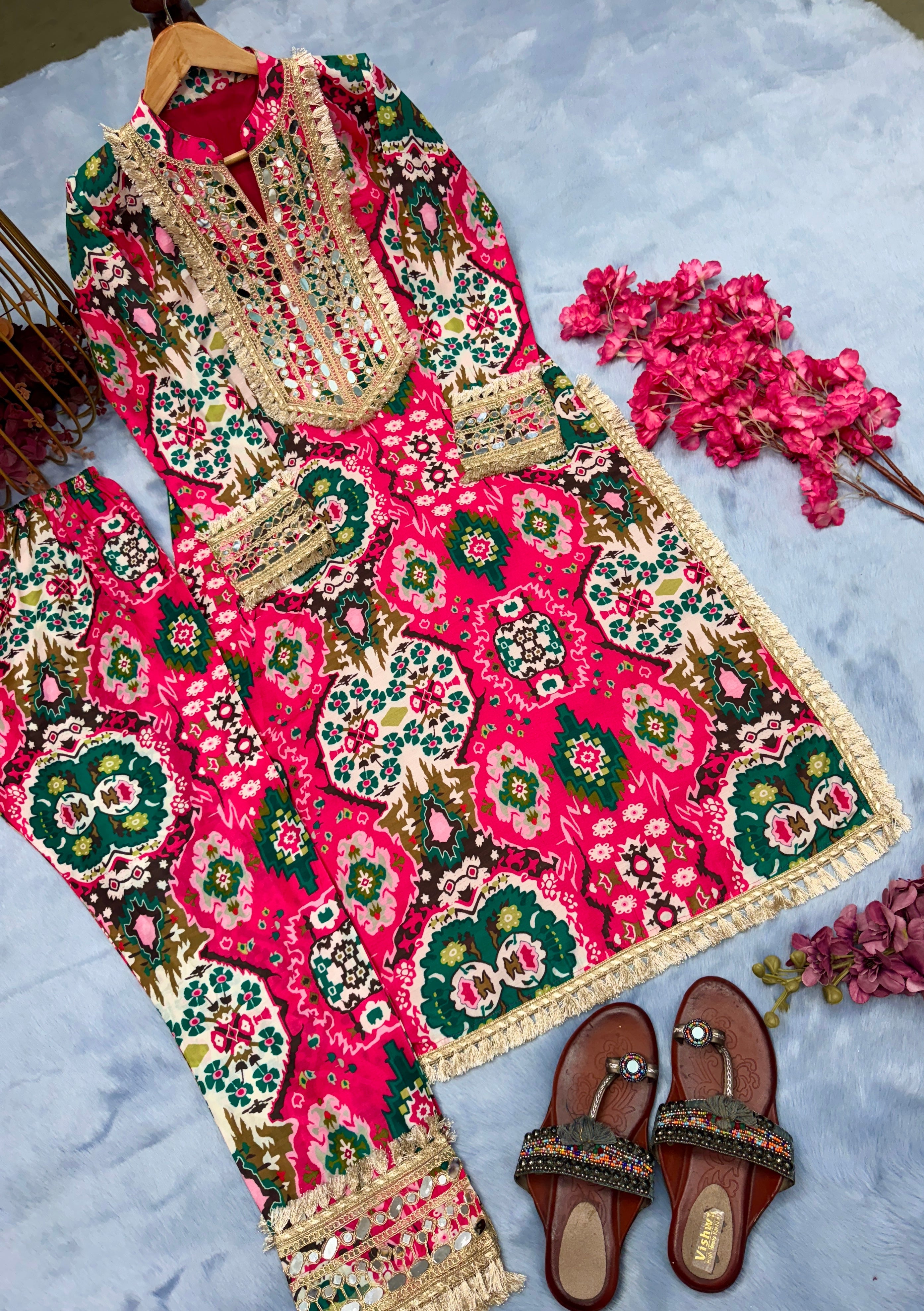 Party Wear Look Maslin Printed Top & Bottom Set