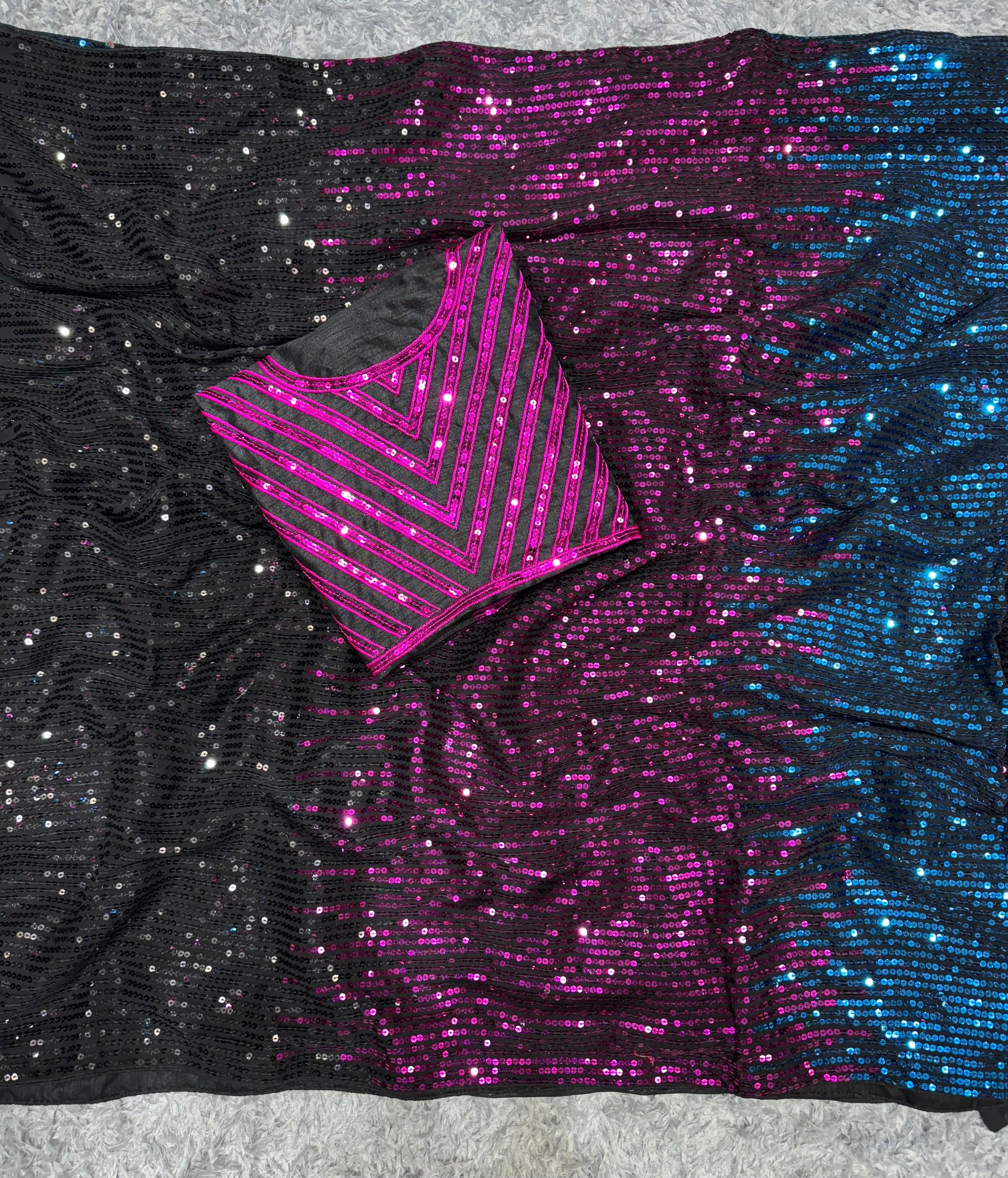 Designer Saree With Multicolored Sequence Embroidery Work