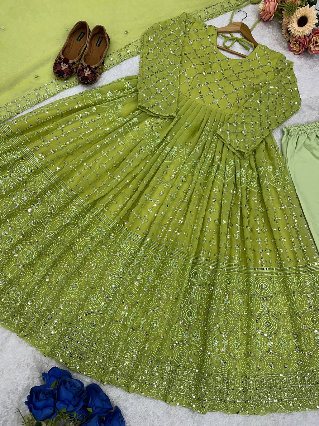 Beautiful Anarkali Gown Pent And Dupatta With Embroidery Work