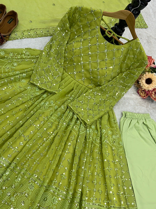 Beautiful Anarkali Gown Pent And Dupatta With Embroidery Work