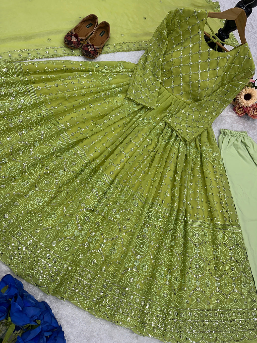 Beautiful Anarkali Gown Pent And Dupatta With Embroidery Work