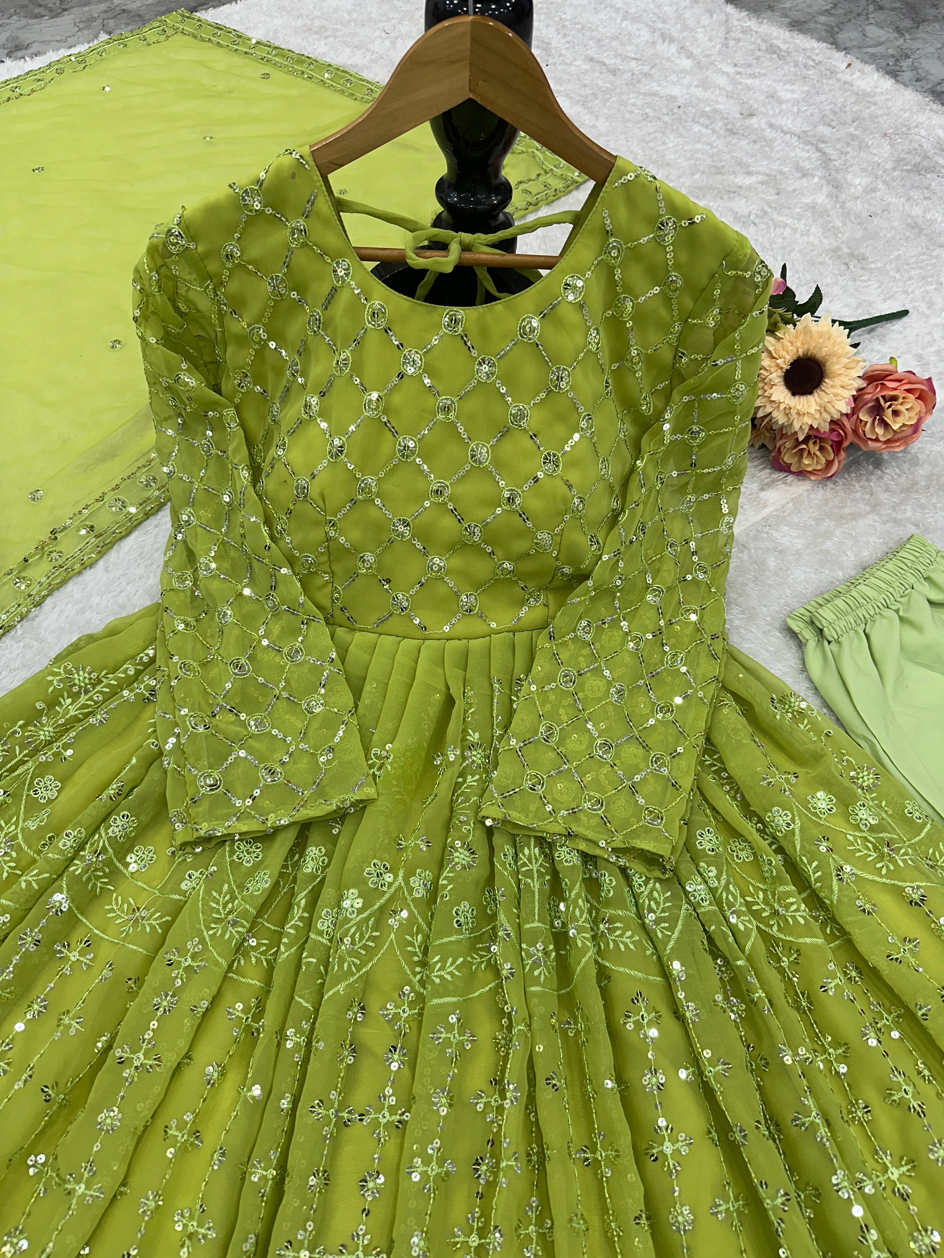 Beautiful Anarkali Gown Pent And Dupatta With Embroidery Work