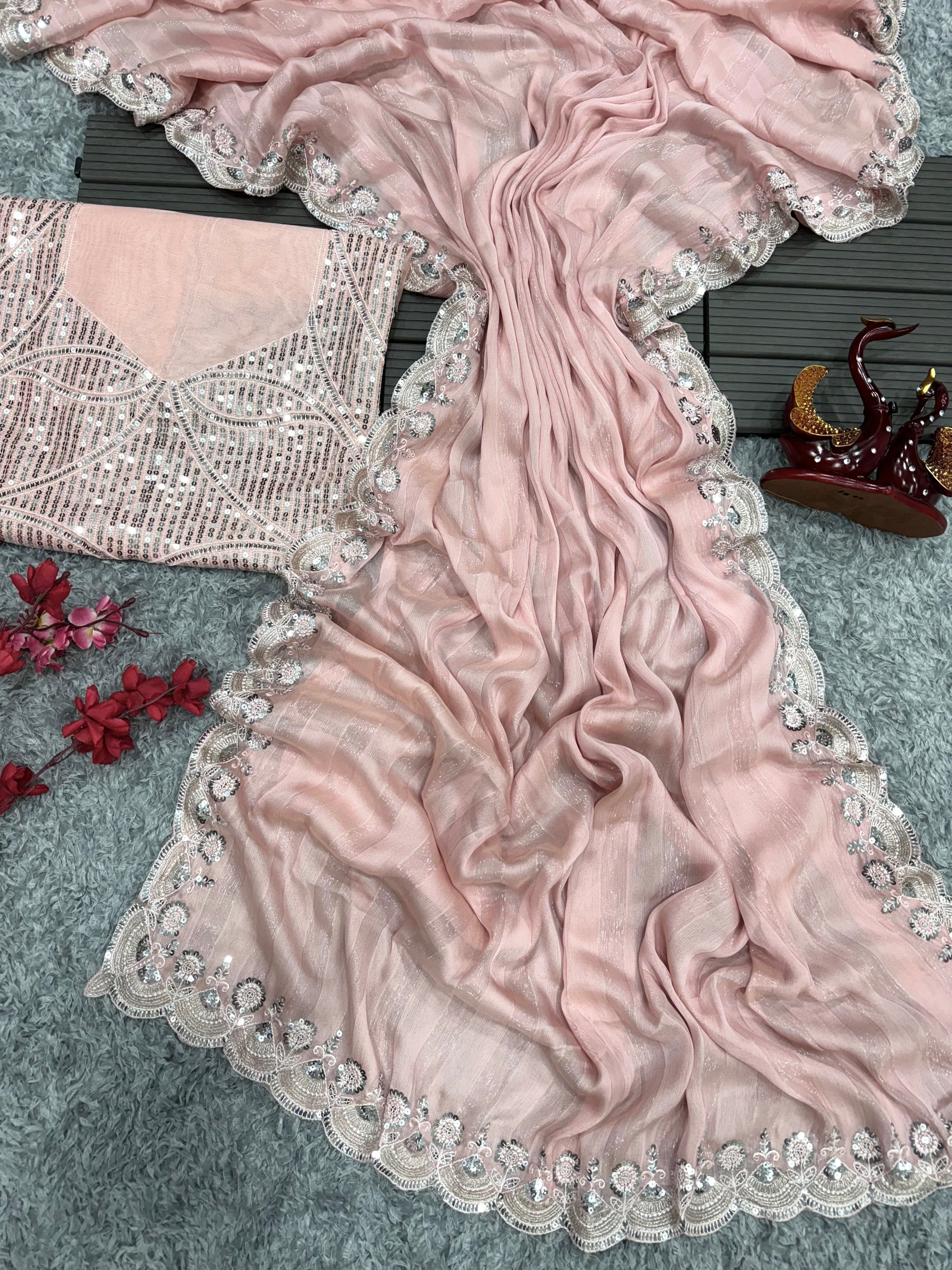 Designer Party Wear Saree With Sequence And Embroidery Work