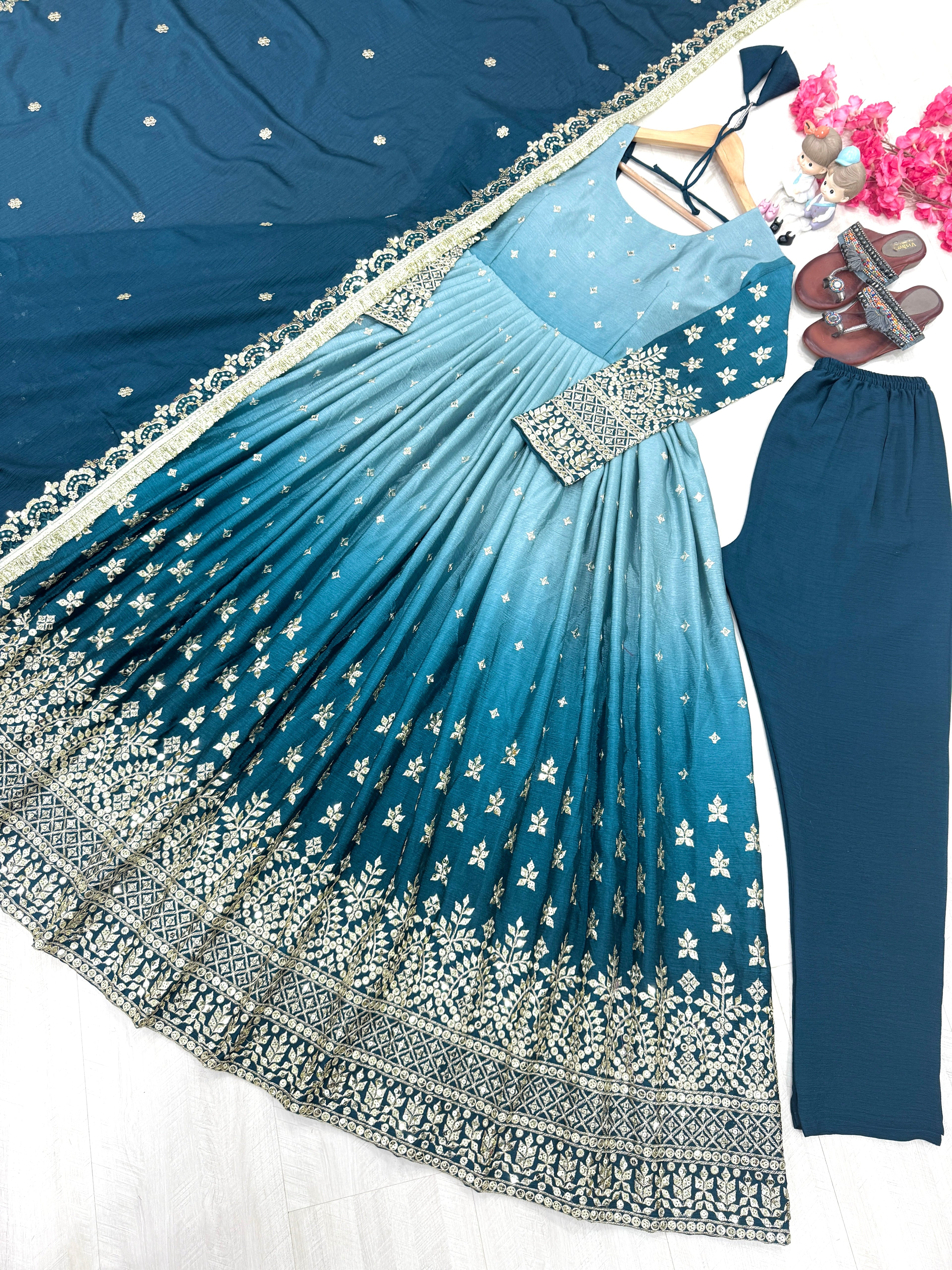 Beautiful Party Wear Look Anarkali Gown, Dupatta & Bottom Set