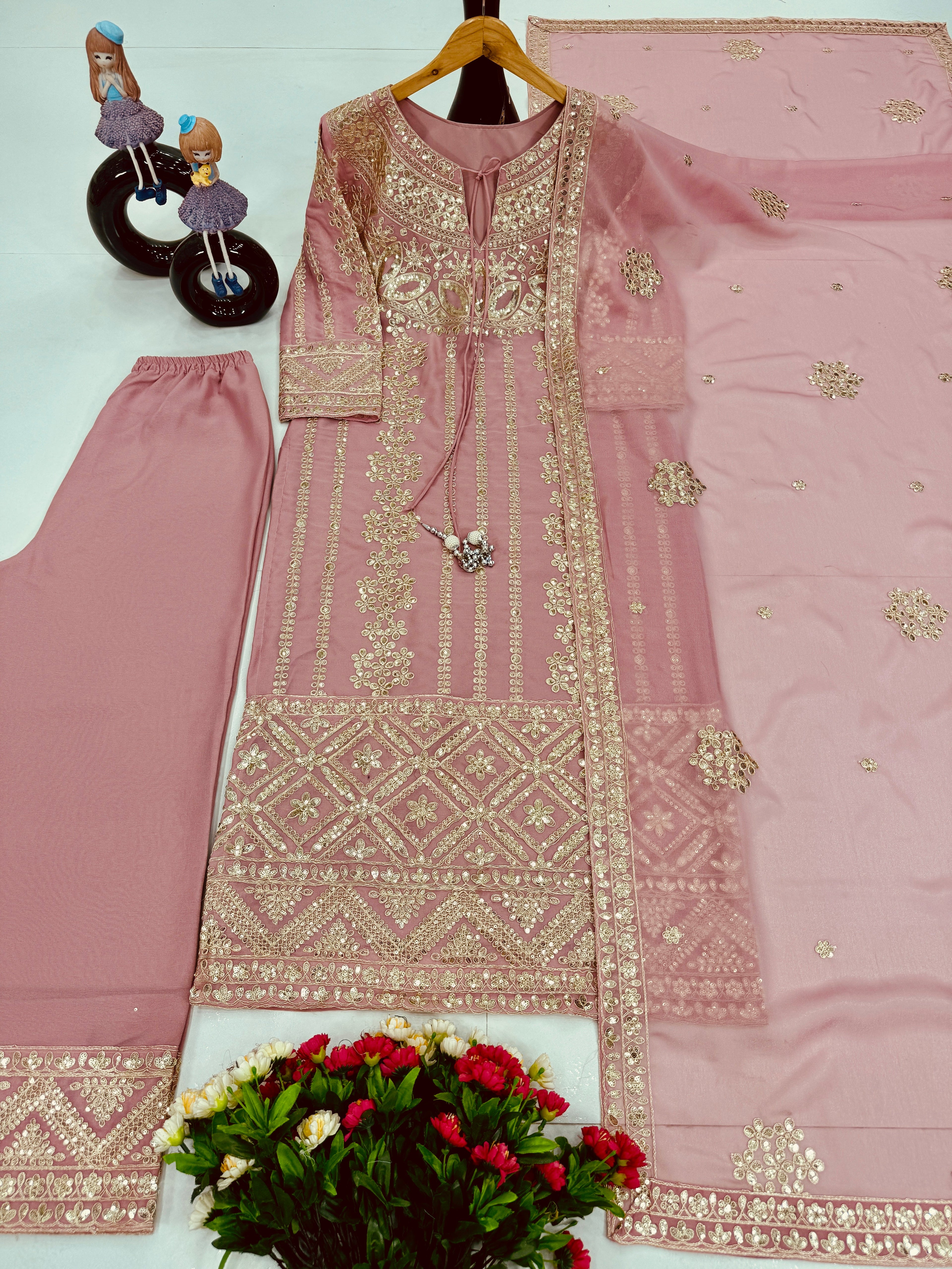 Beautiful Fancy Top Plazzo And Dupatta With Embroidery Work