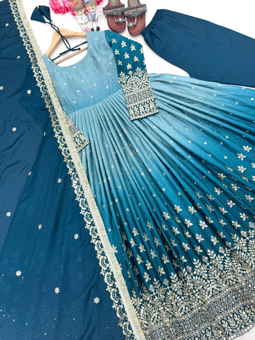 Beautiful Party Wear Look Anarkali Gown, Dupatta & Bottom Set