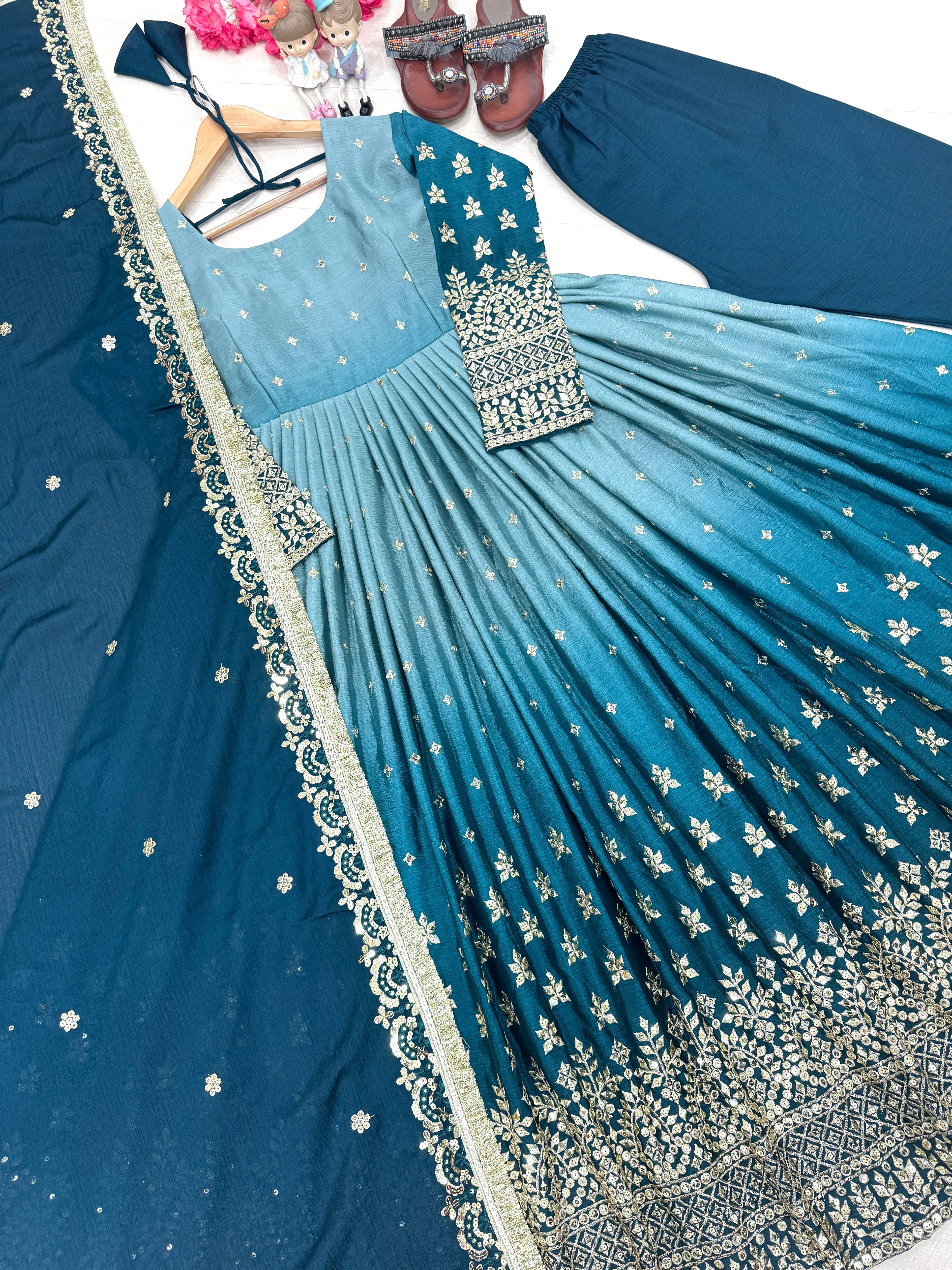 Beautiful Party Wear Look Anarkali Gown, Dupatta & Bottom Set
