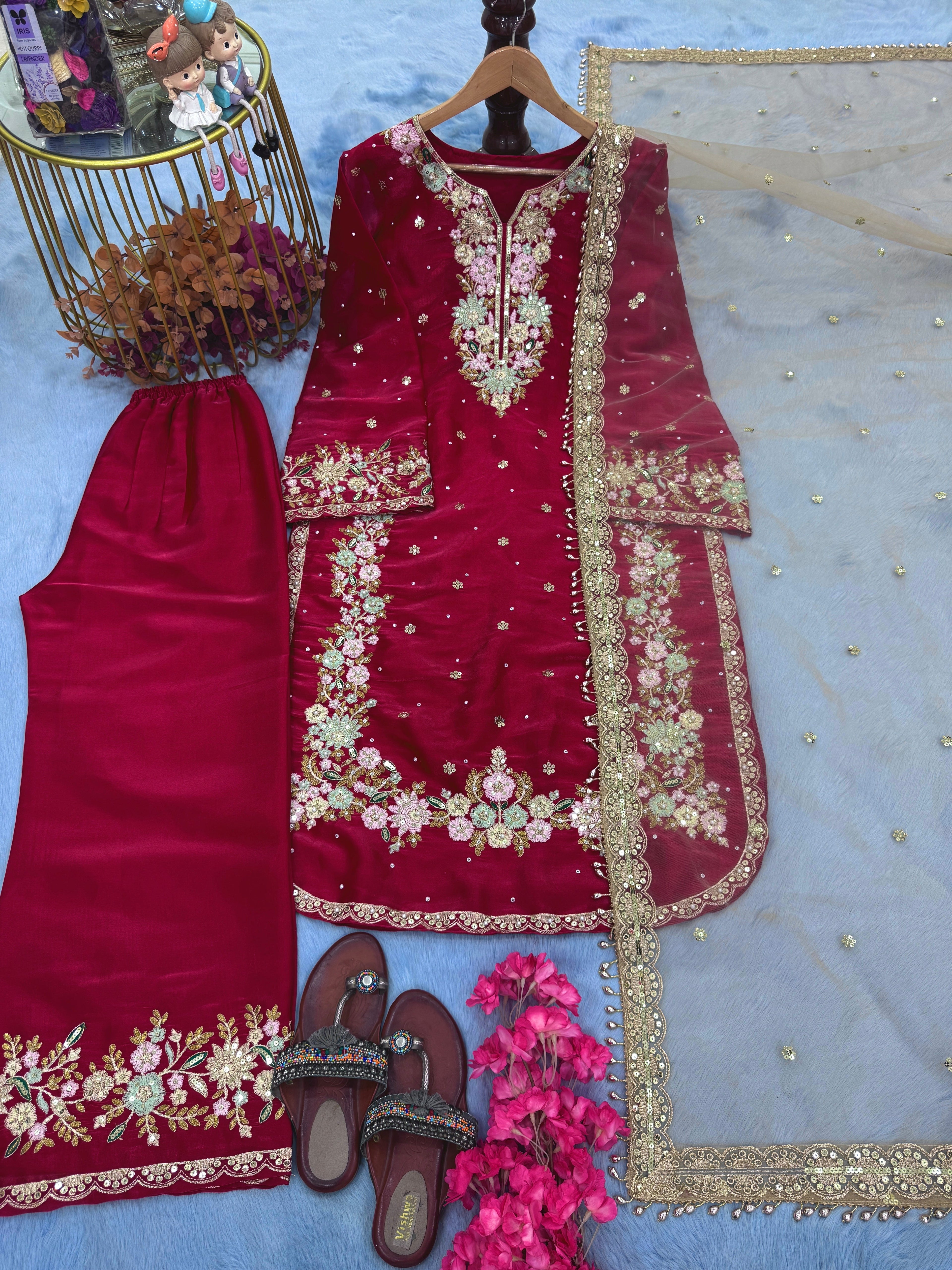 Designer Party Wear Look Silk Top Plazzo & Dupatta Set