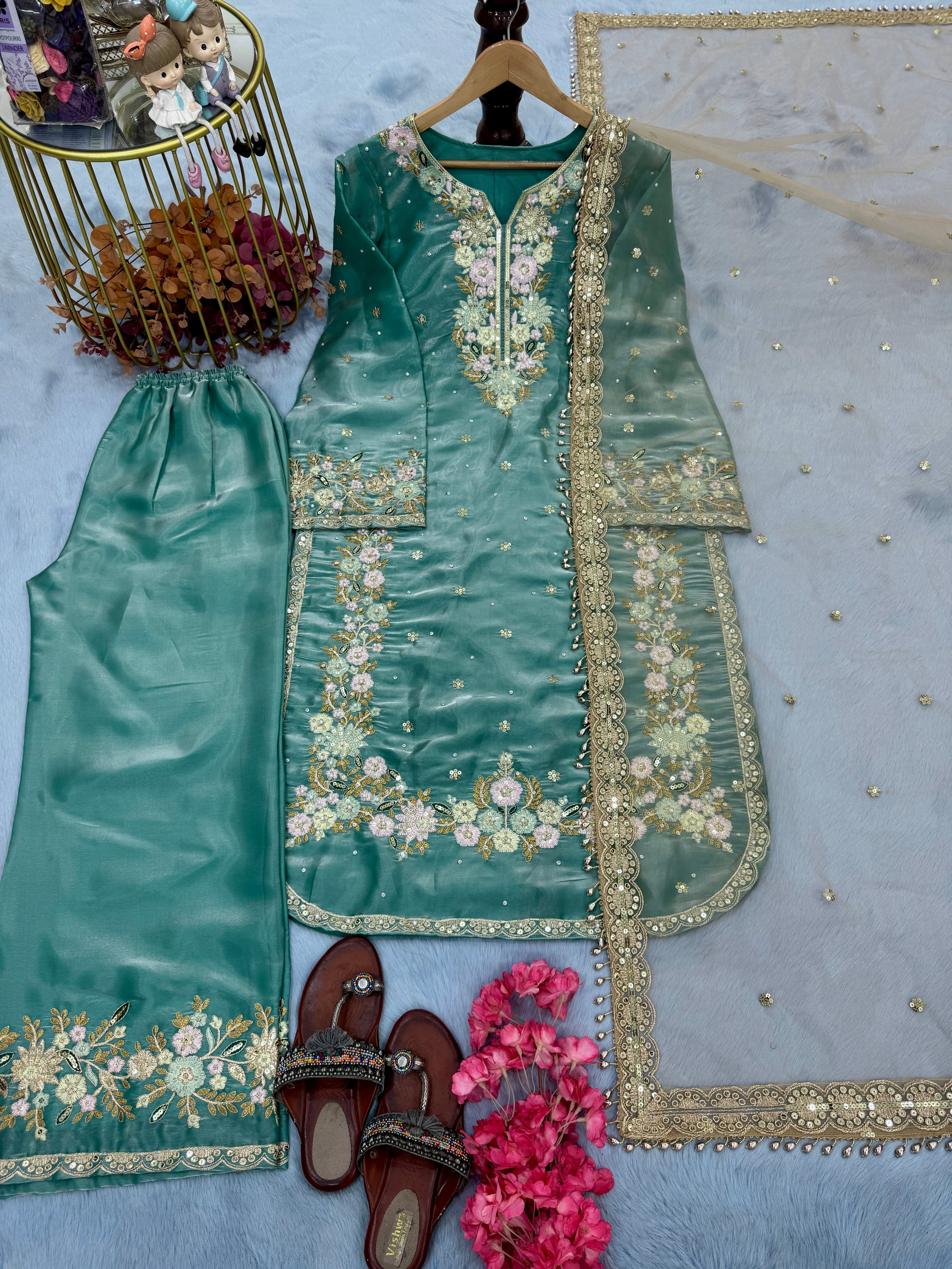 Designer Party Wear Look Silk Top Plazzo & Dupatta Set