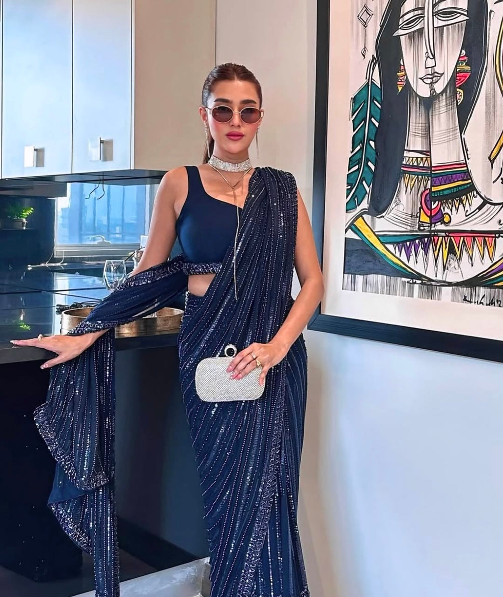 Party Wear Saree With Sequins , Thread & Dori Work